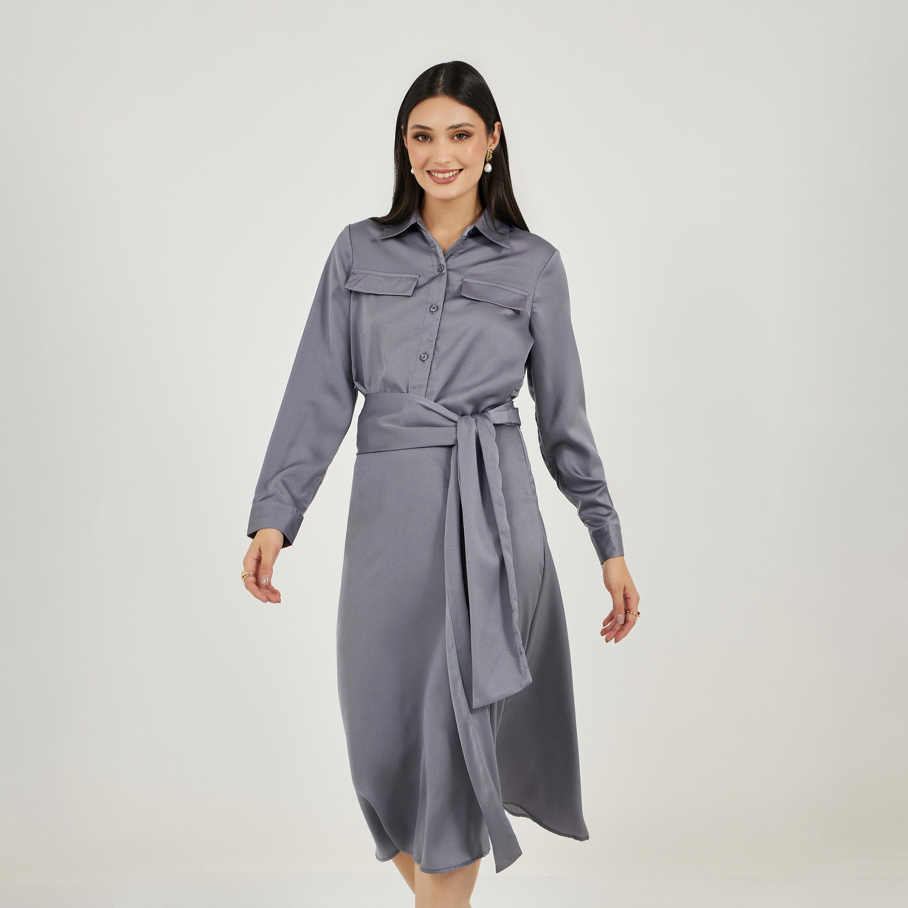 Styli Satin Shirt Midi Dress with Self Tie-Belt-women-clothing-dresses-image-2