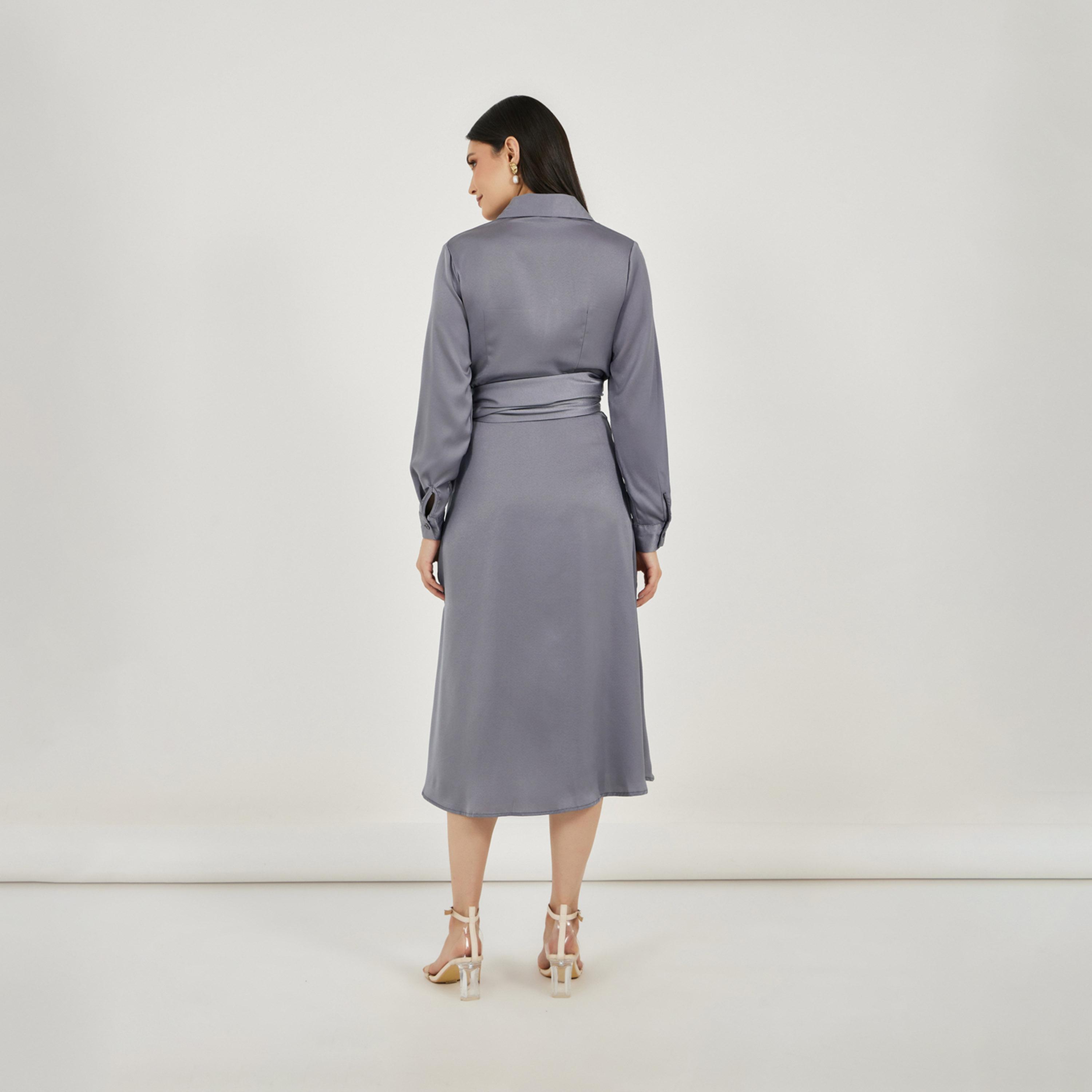 Styli Satin Shirt Midi Dress with Self Tie-Belt-women-clothing-dresses-image-4