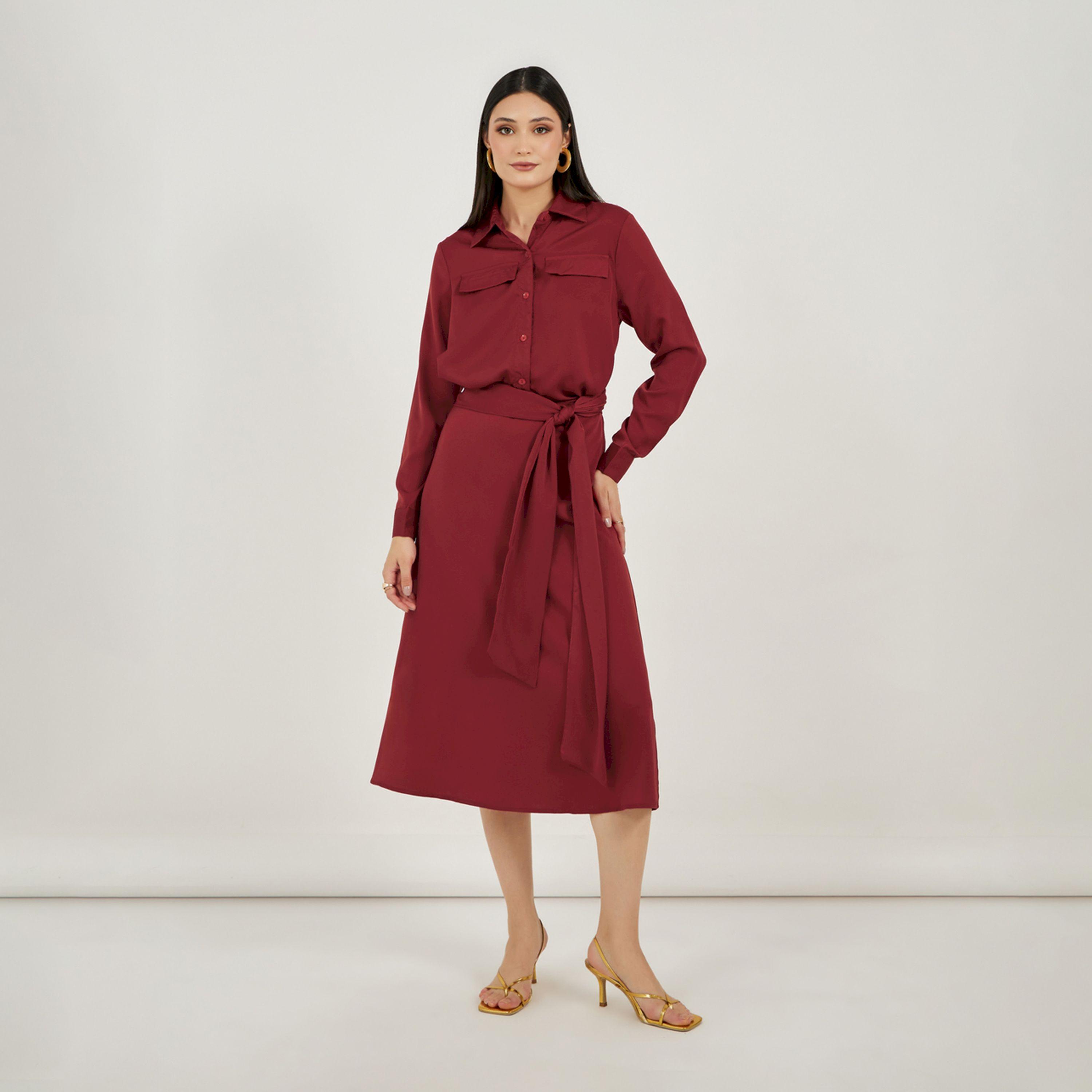 Styli Satin Shirt Midi Dress with Self Tie-Belt-women-clothing-dresses-image-1