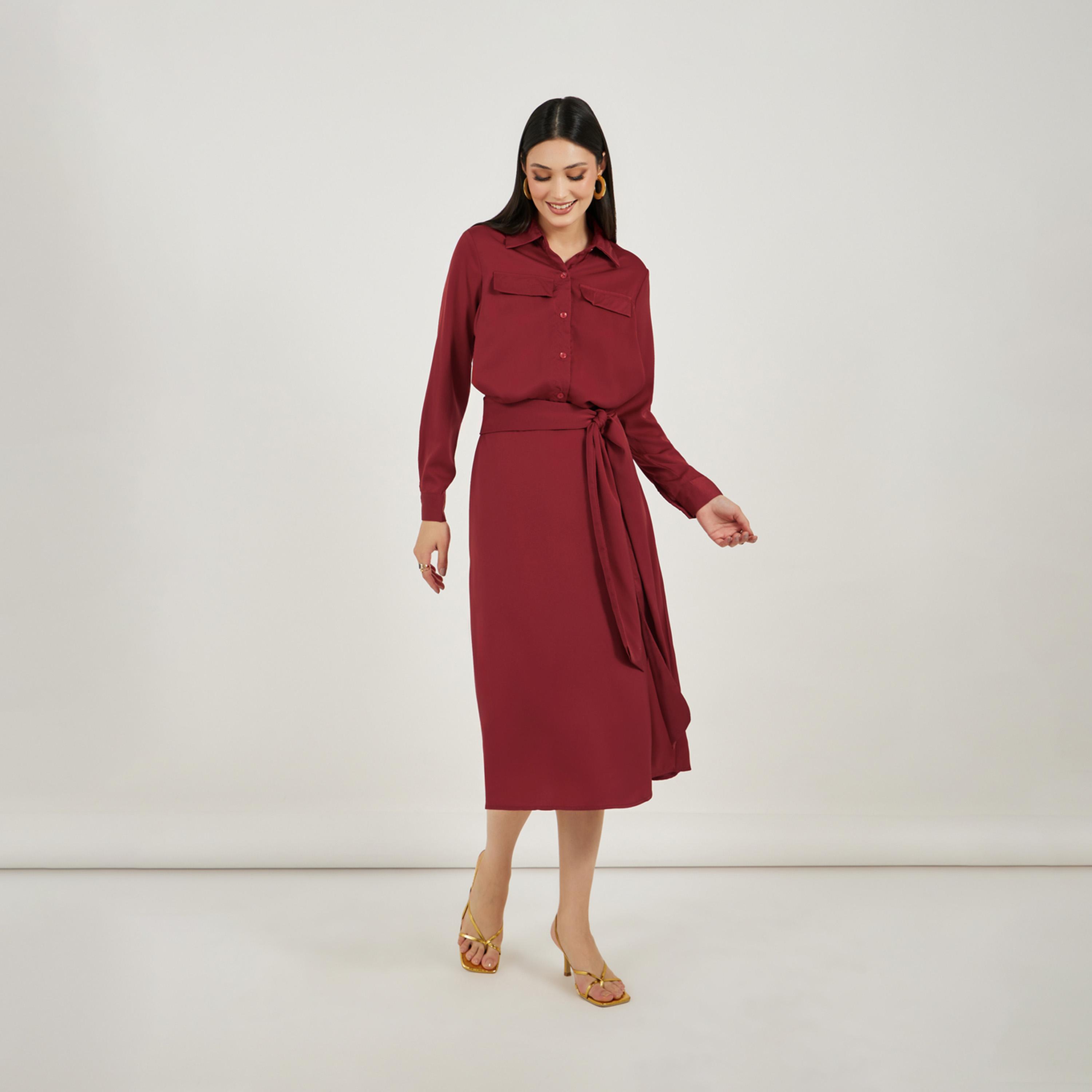 ستايلي - فستان متوسط الطول بنمط قميص ساتان مع حزام ربط-women-clothing-dresses-image-2
