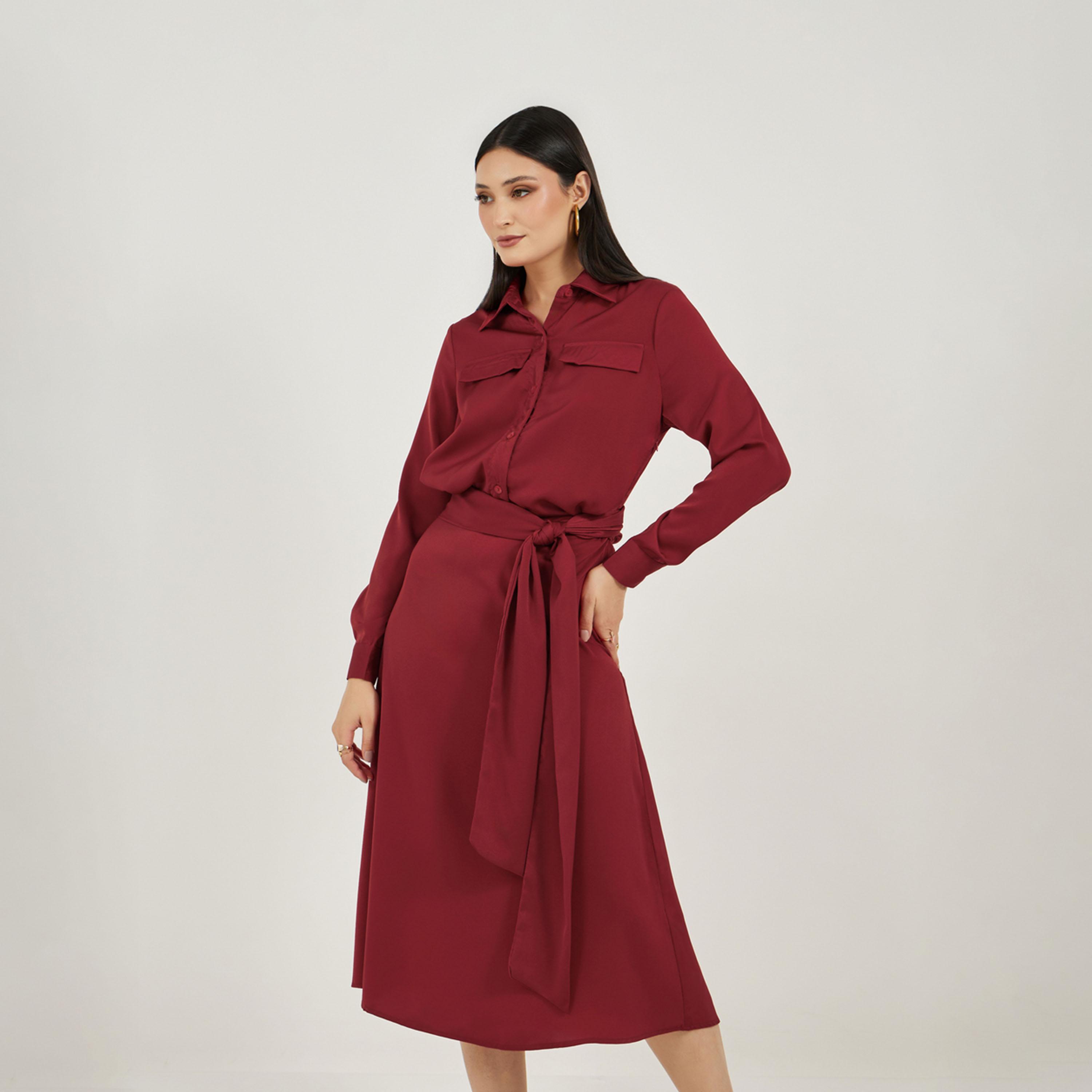 Styli Satin Shirt Midi Dress with Self Tie-Belt-women-clothing-dresses-image-3