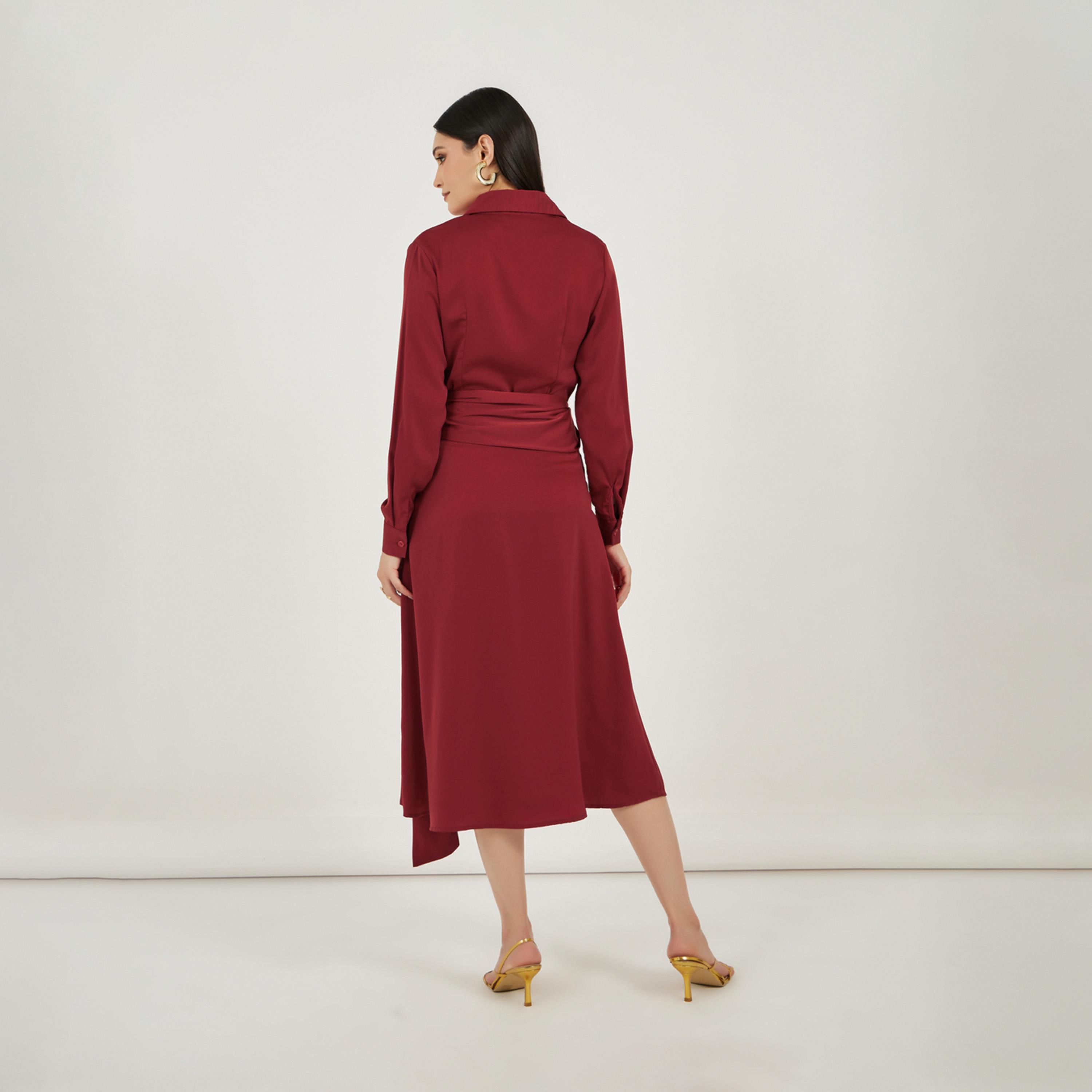 Styli Satin Shirt Midi Dress with Self Tie-Belt-women-clothing-dresses-image-5