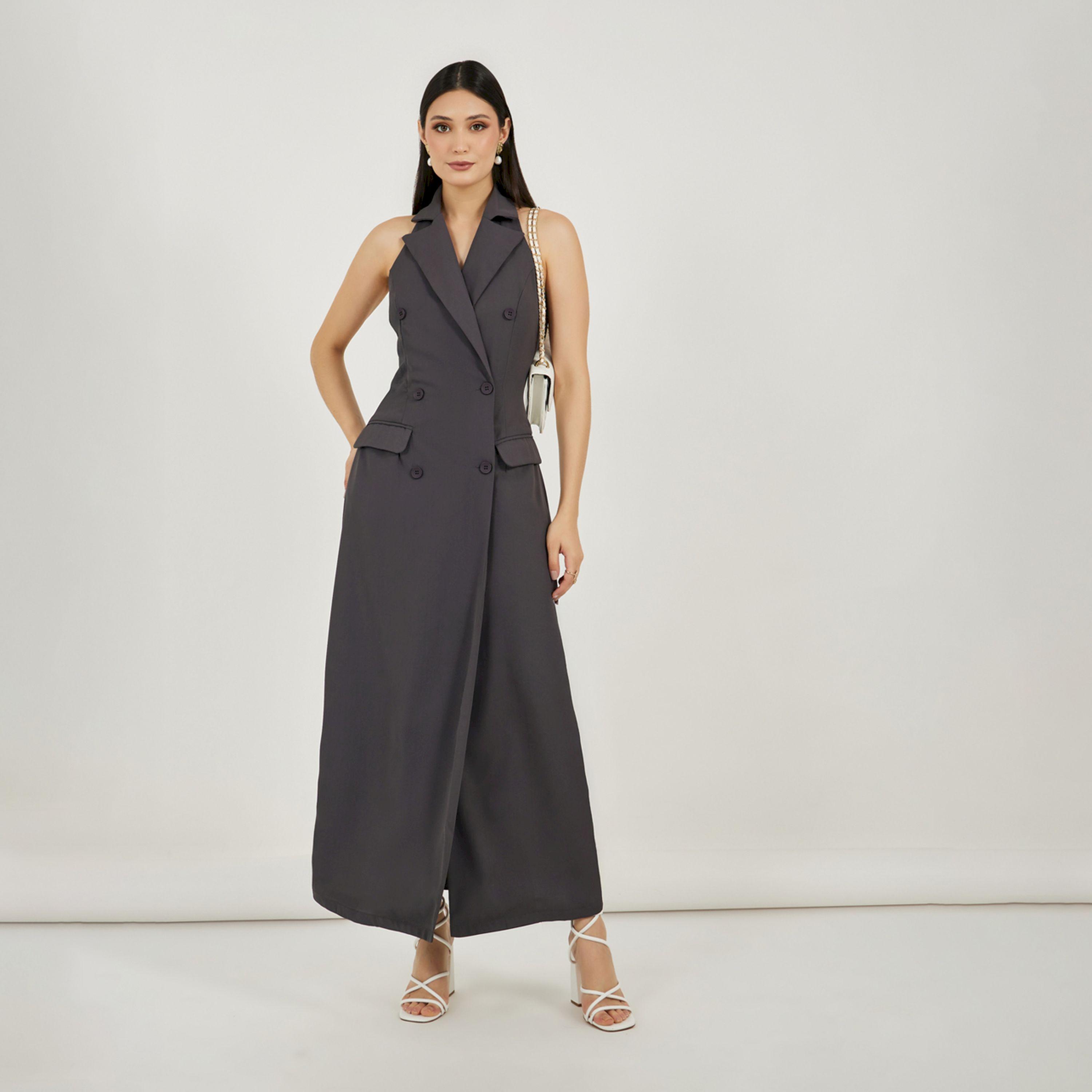 Styli Twill Sleeveless Blazer Maxi Dress with Flap Detail-women-clothing-dresses-image-1