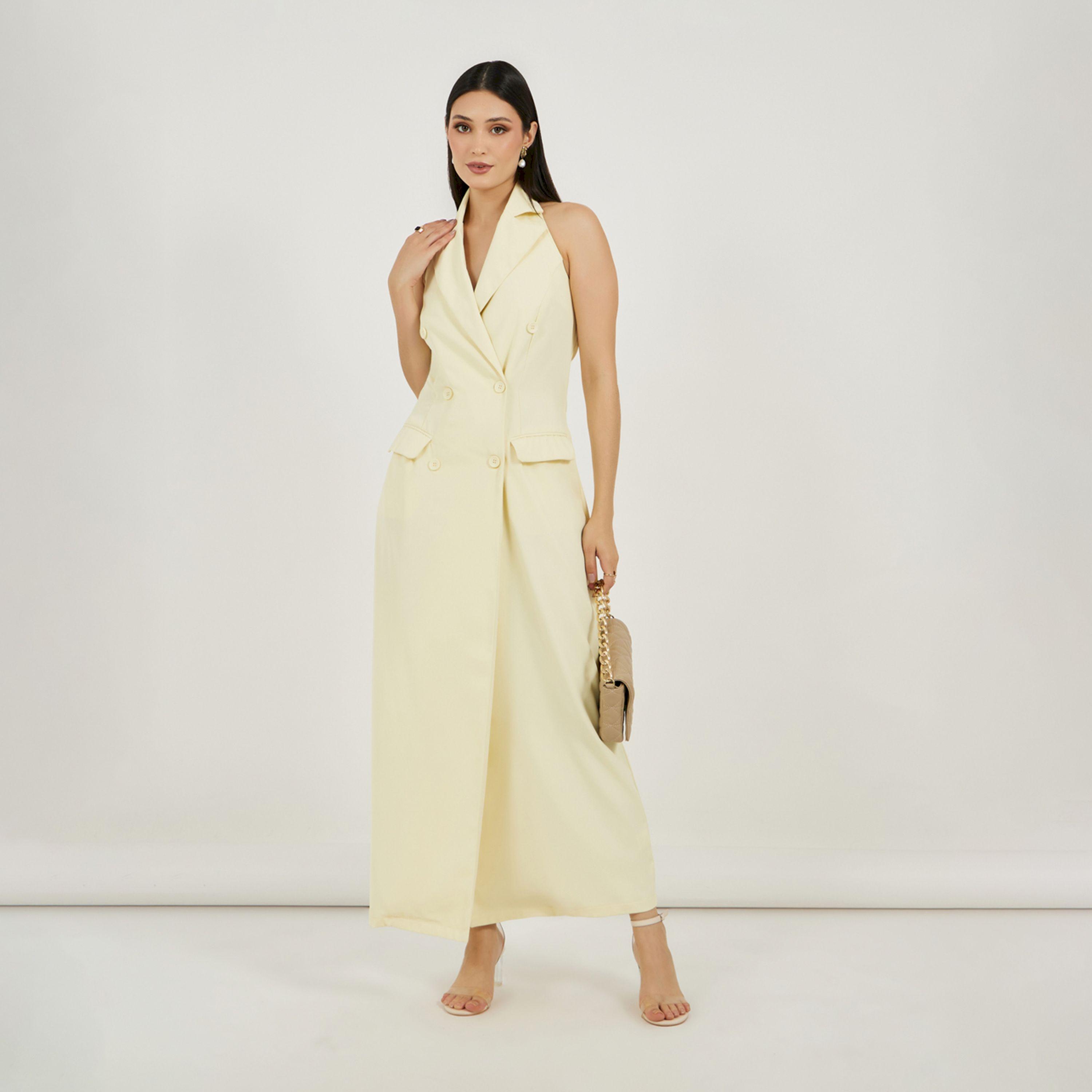 Styli Twill Sleeveless Blazer Maxi Dress with Flap Detail-women-clothing-dresses-image-1