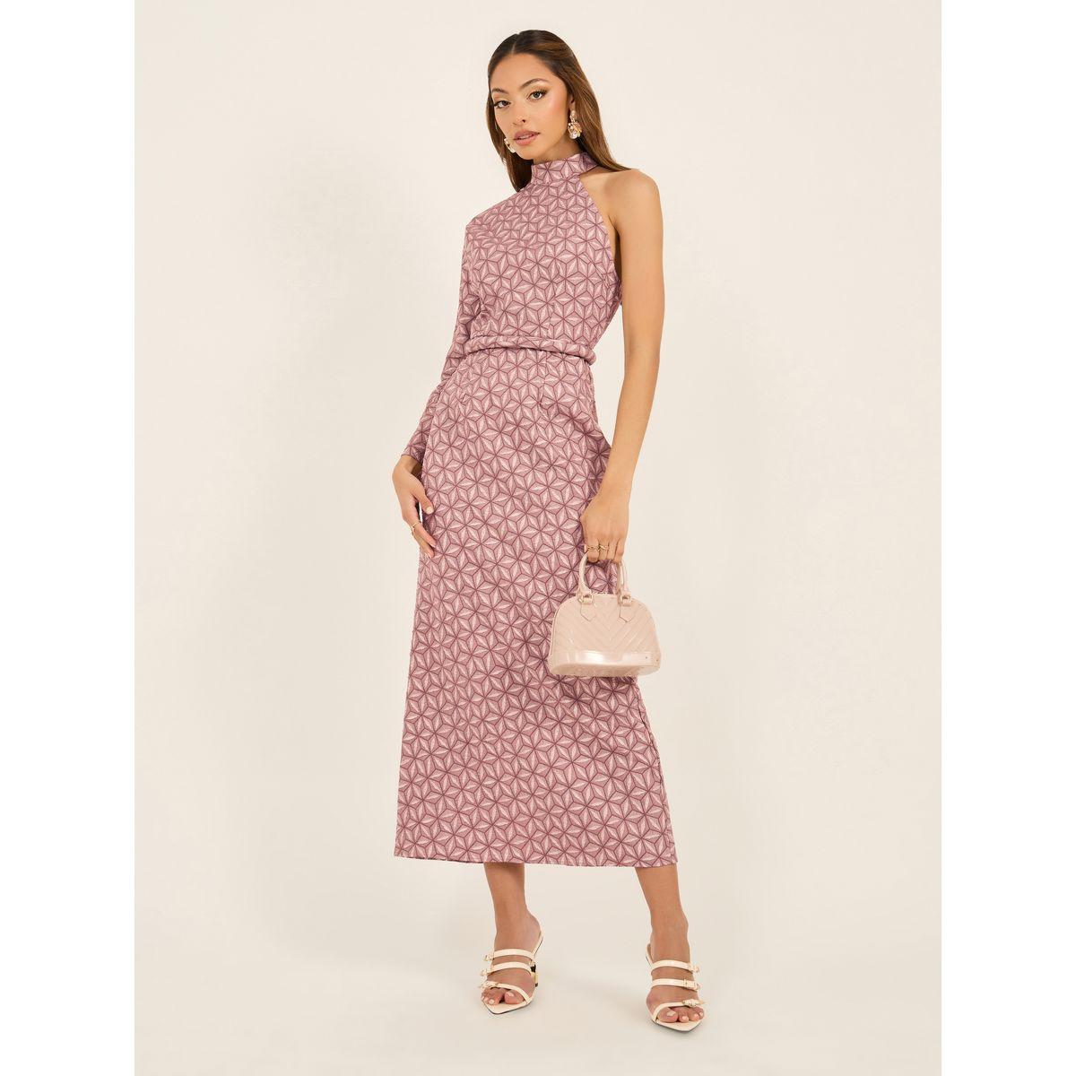Jacquard One Sleeves Maxi Dress with Self Tie Belt-women-clothing-dresses-image-1