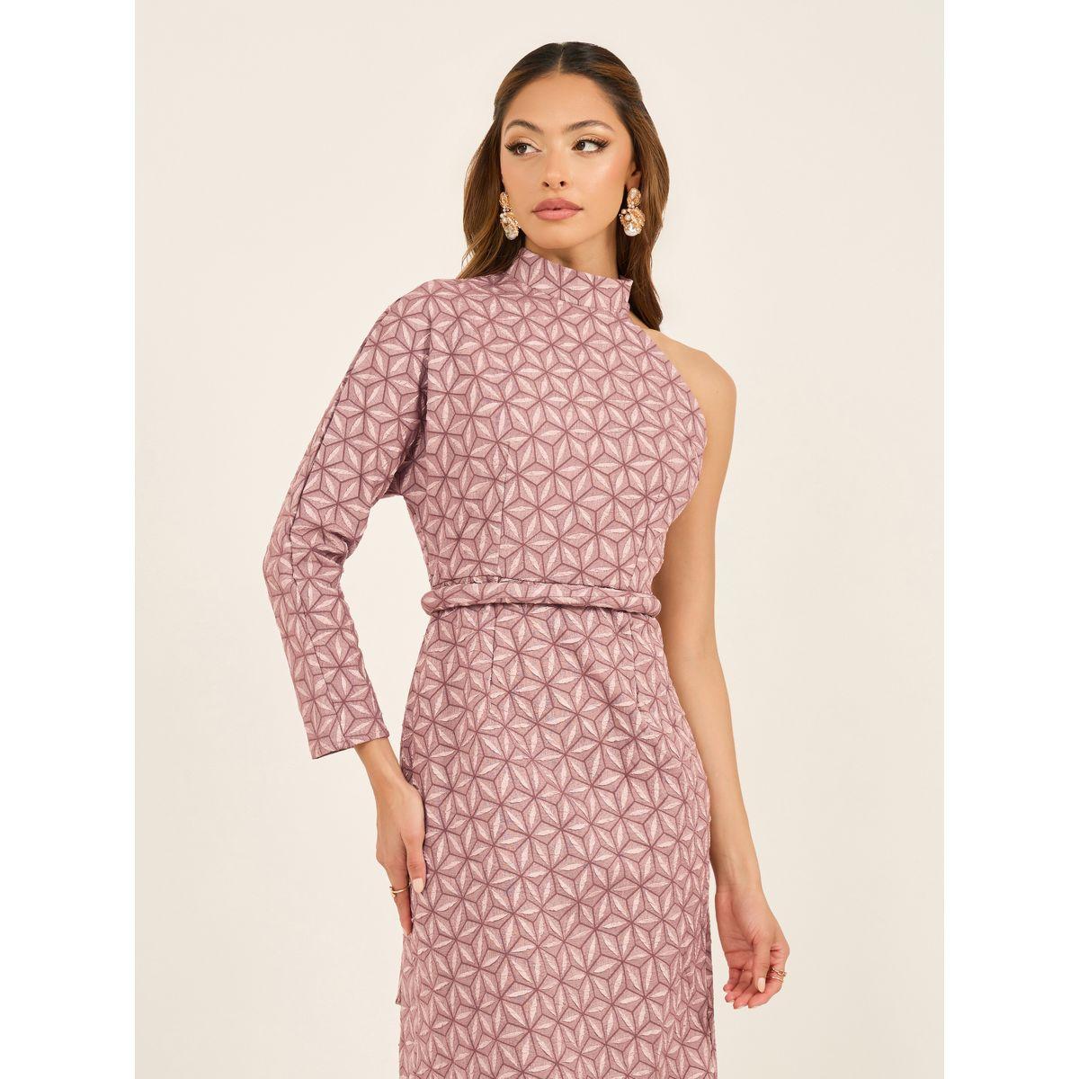 Jacquard One Sleeves Maxi Dress with Self Tie Belt-women-clothing-dresses-image-2