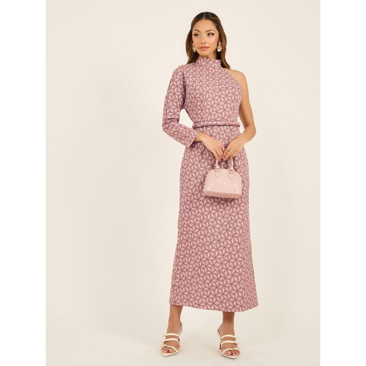 Jacquard One Sleeves Maxi Dress with Self Tie Belt-women-clothing-dresses-image-4