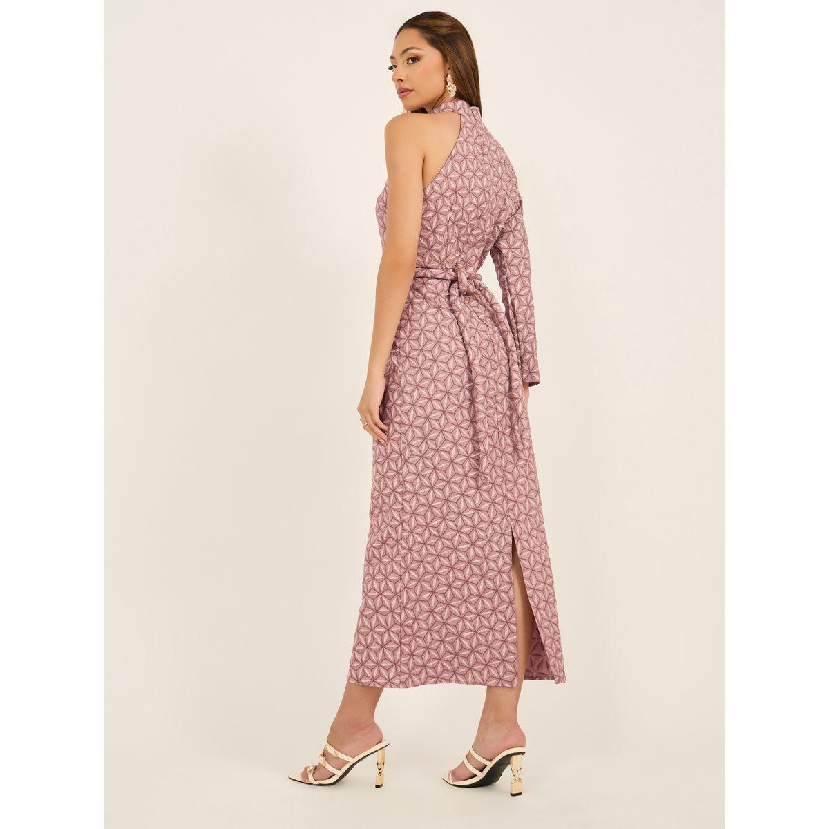 Jacquard One Sleeves Maxi Dress with Self Tie Belt-women-clothing-dresses-image-6