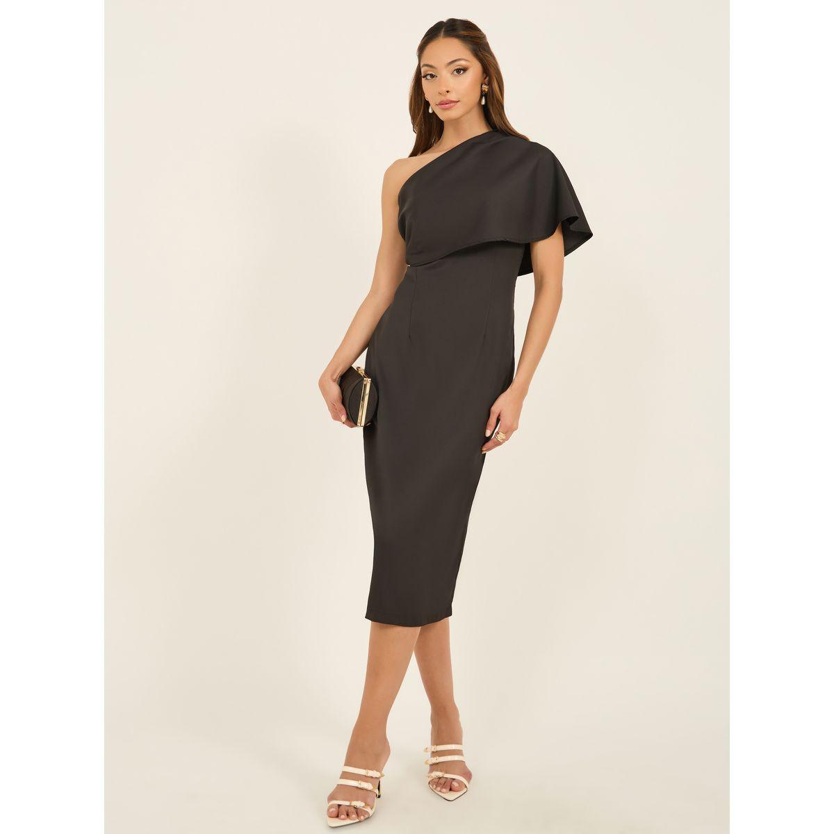 One Shoulder Neck Sheath Midi Dress-women-clothing-dresses-image-1