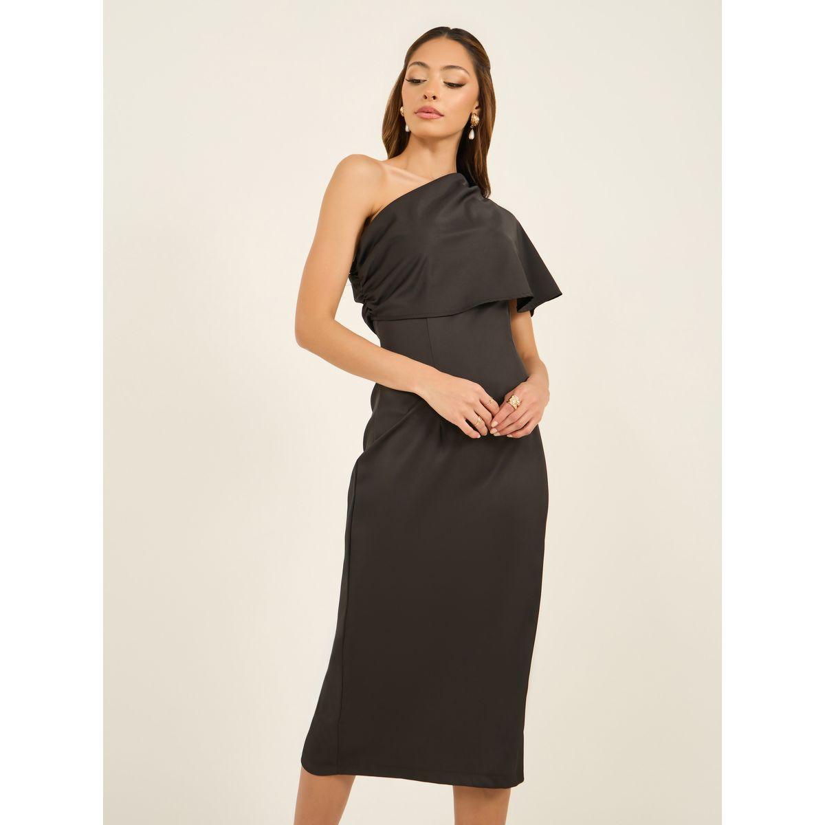 One Shoulder Neck Sheath Midi Dress-women-clothing-dresses-image-3