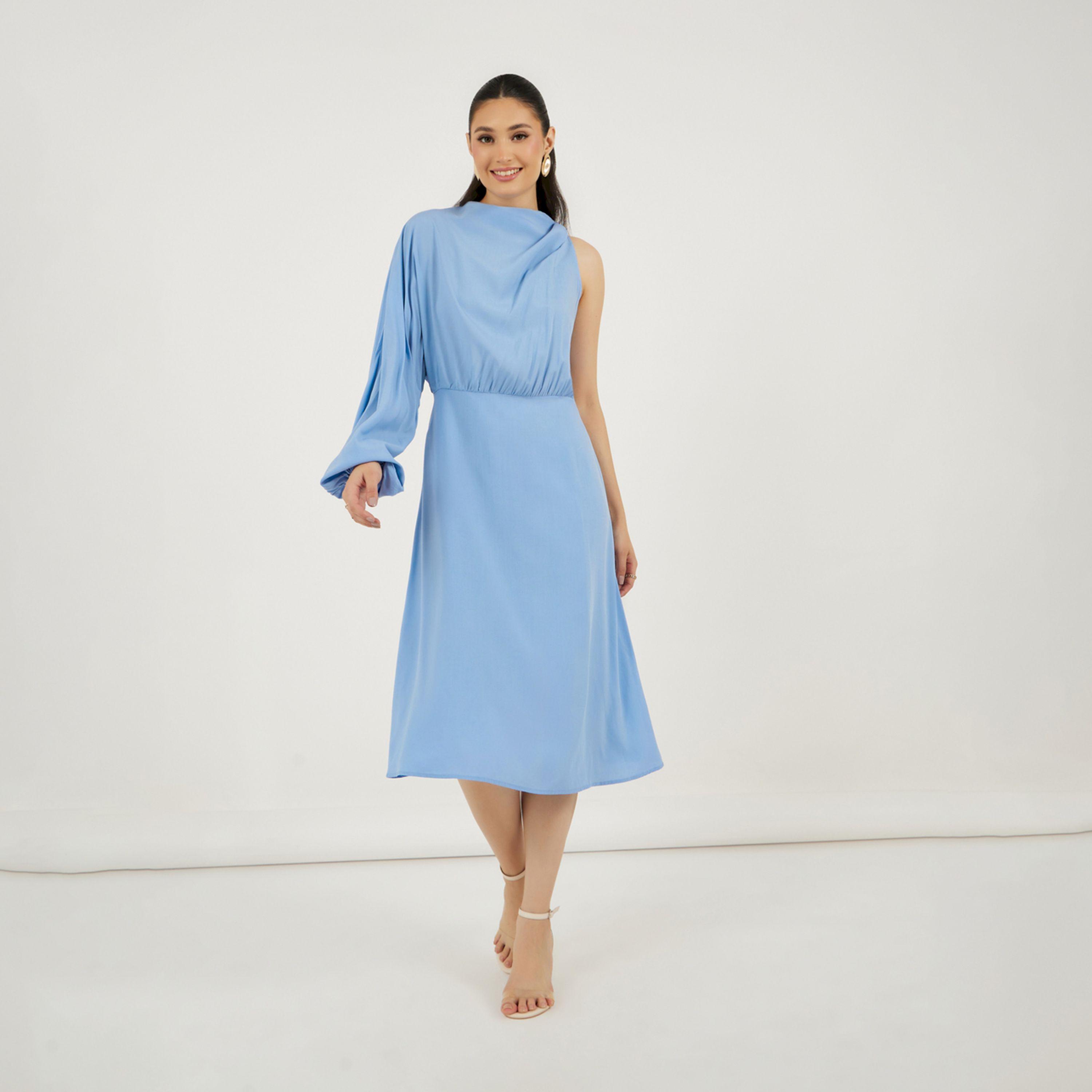ستايلي - فستان ميدي بكم واحد مع رباط خلفي-women-clothing-dresses-image-1