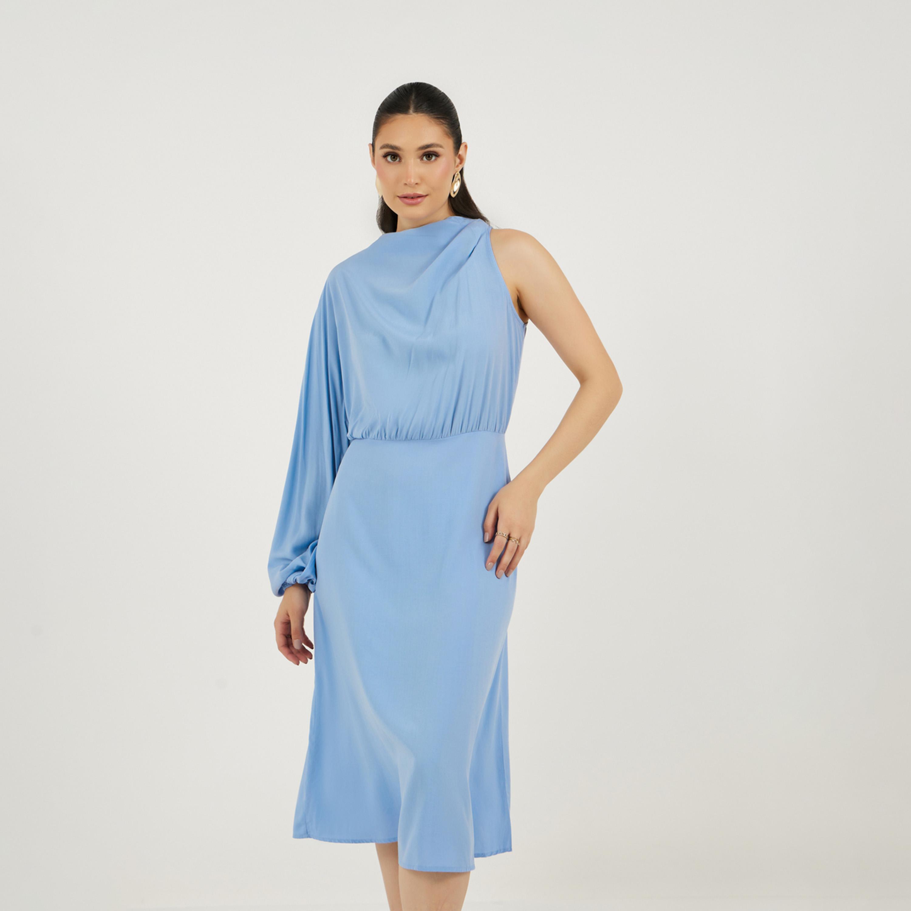 ستايلي - فستان ميدي بكم واحد مع رباط خلفي-women-clothing-dresses-image-2
