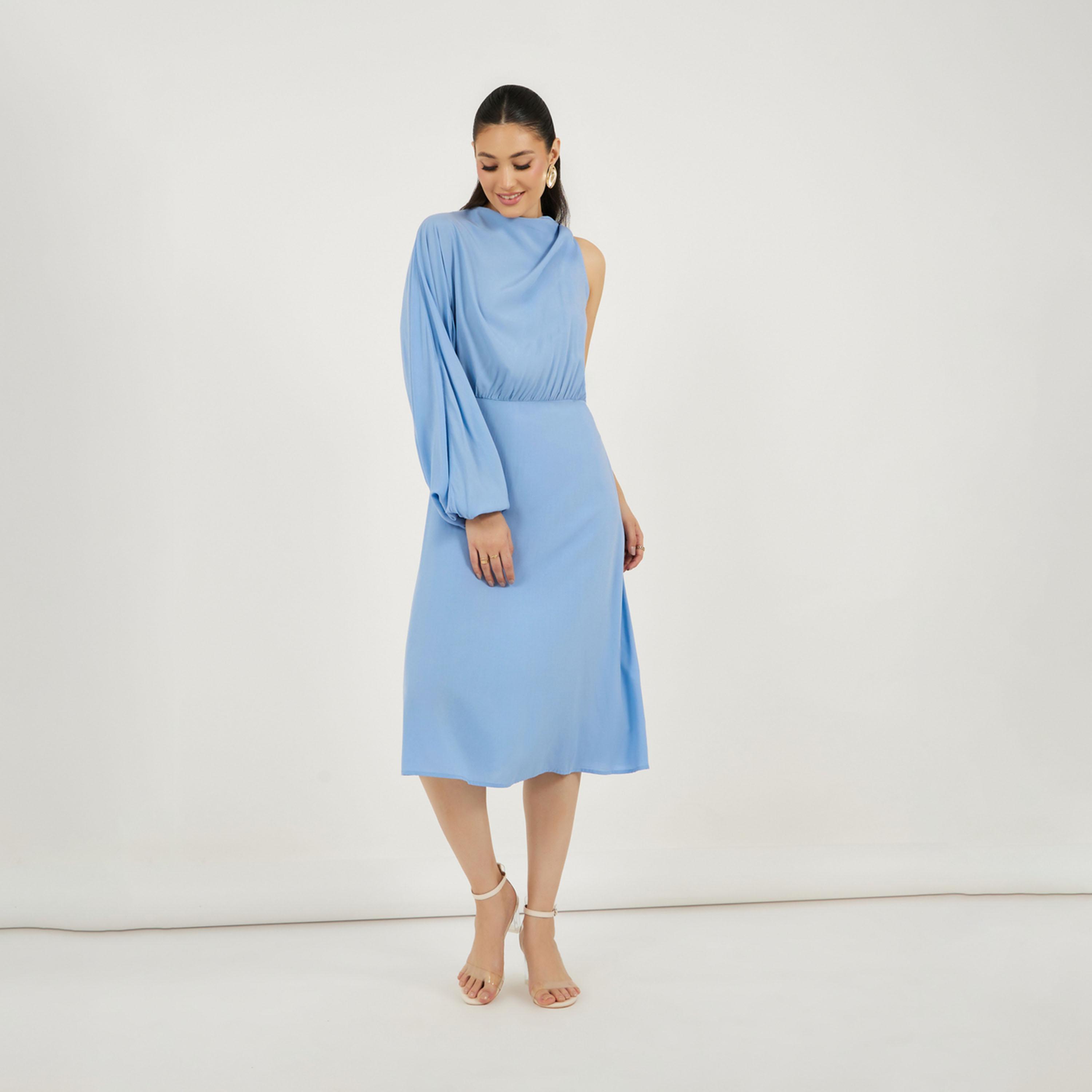 ستايلي - فستان ميدي بكم واحد مع رباط خلفي-women-clothing-dresses-image-4