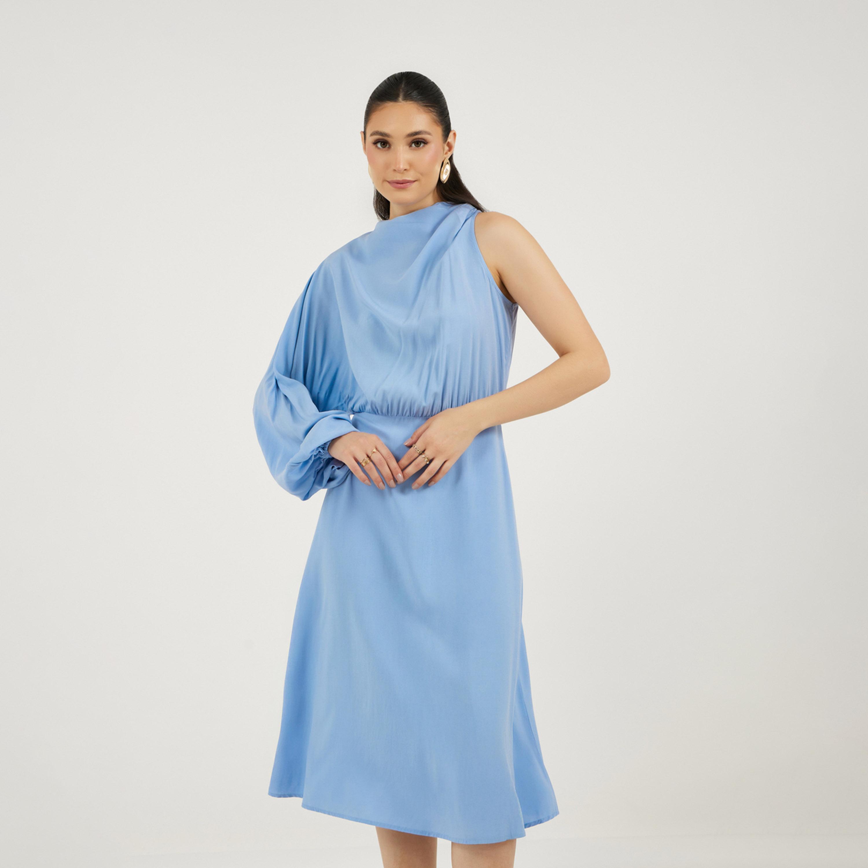 ستايلي - فستان ميدي بكم واحد مع رباط خلفي-women-clothing-dresses-image-5
