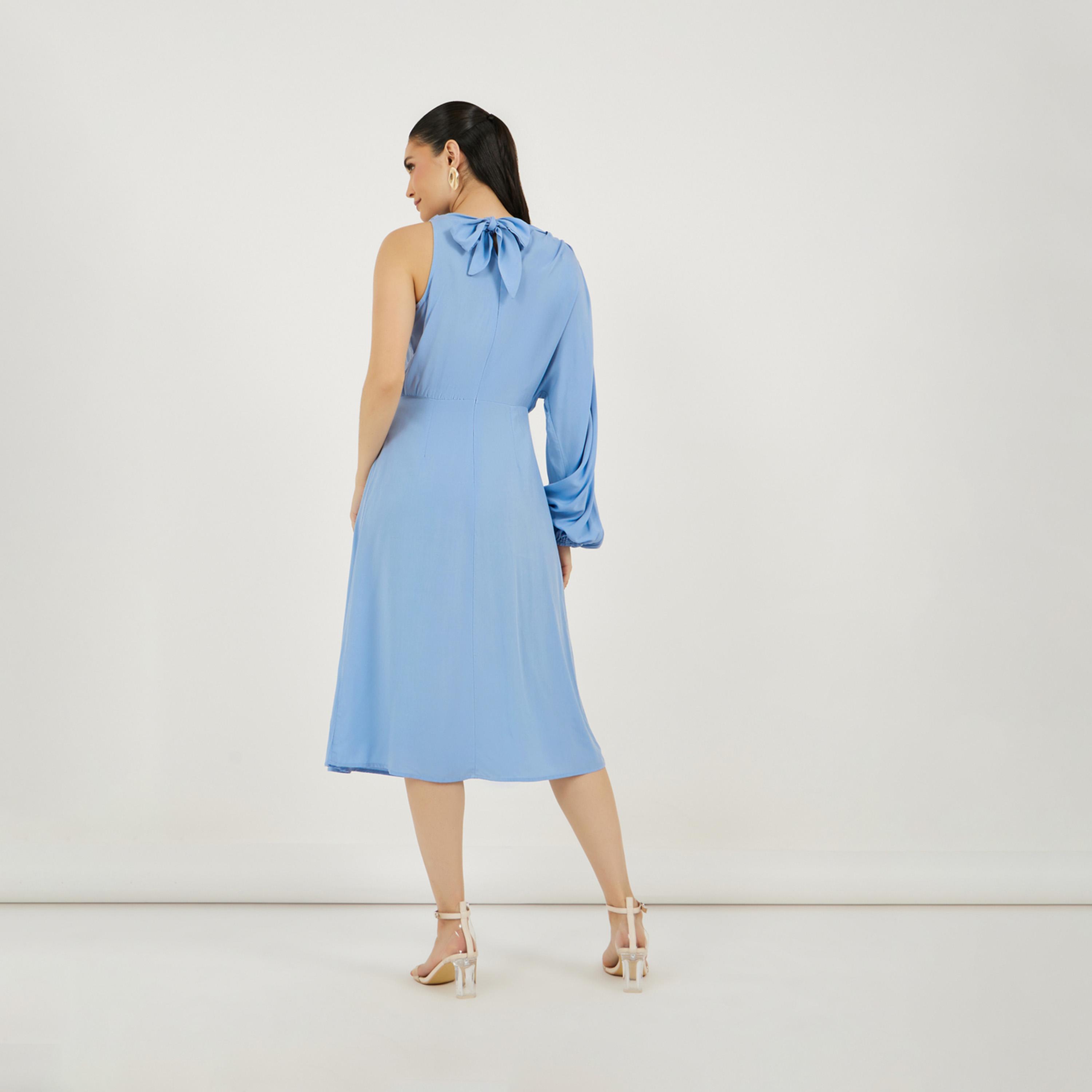 ستايلي - فستان ميدي بكم واحد مع رباط خلفي-women-clothing-dresses-image-6
