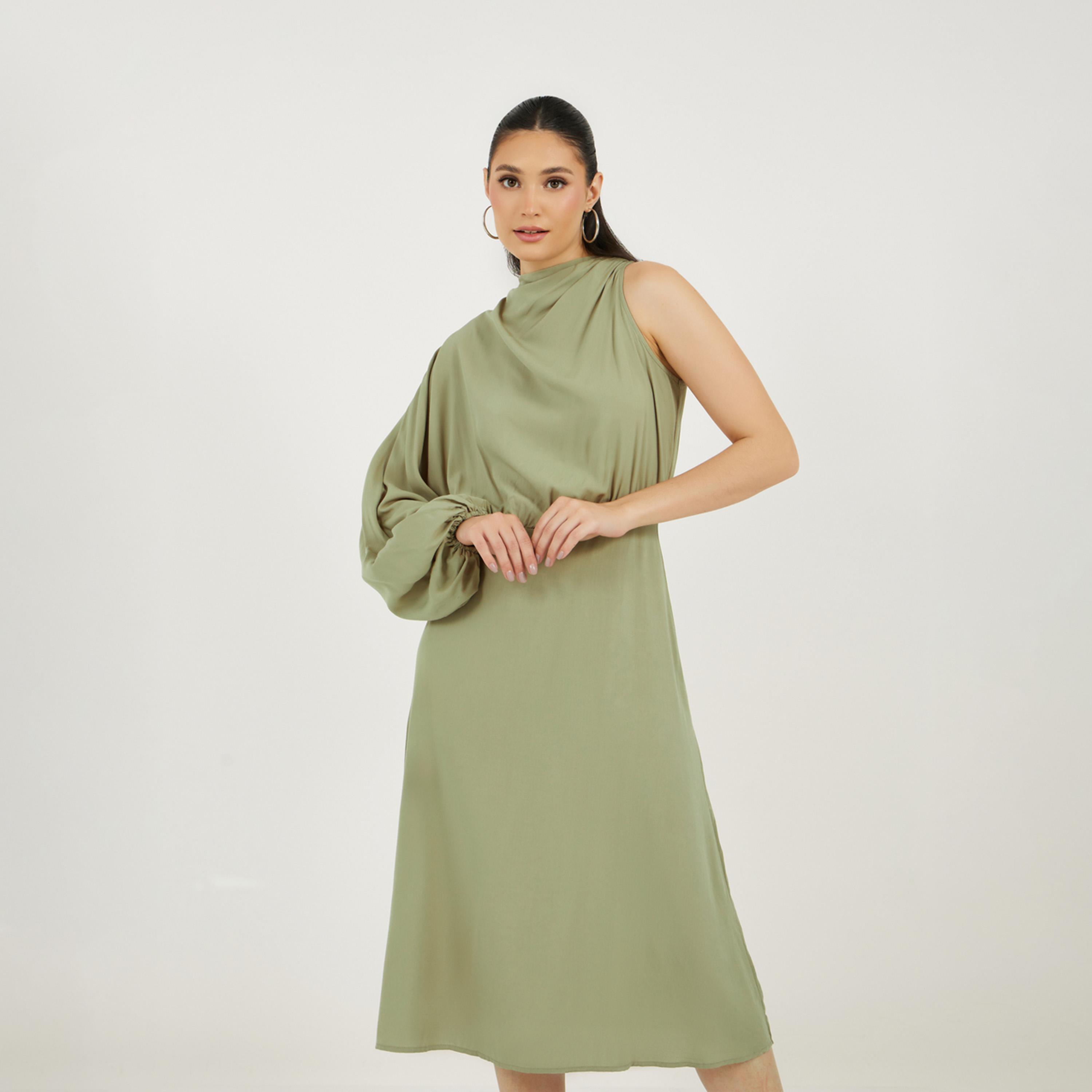 ستايلي - فستان ميدي بكم واحد مع رباط خلفي-women-clothing-dresses-image-2