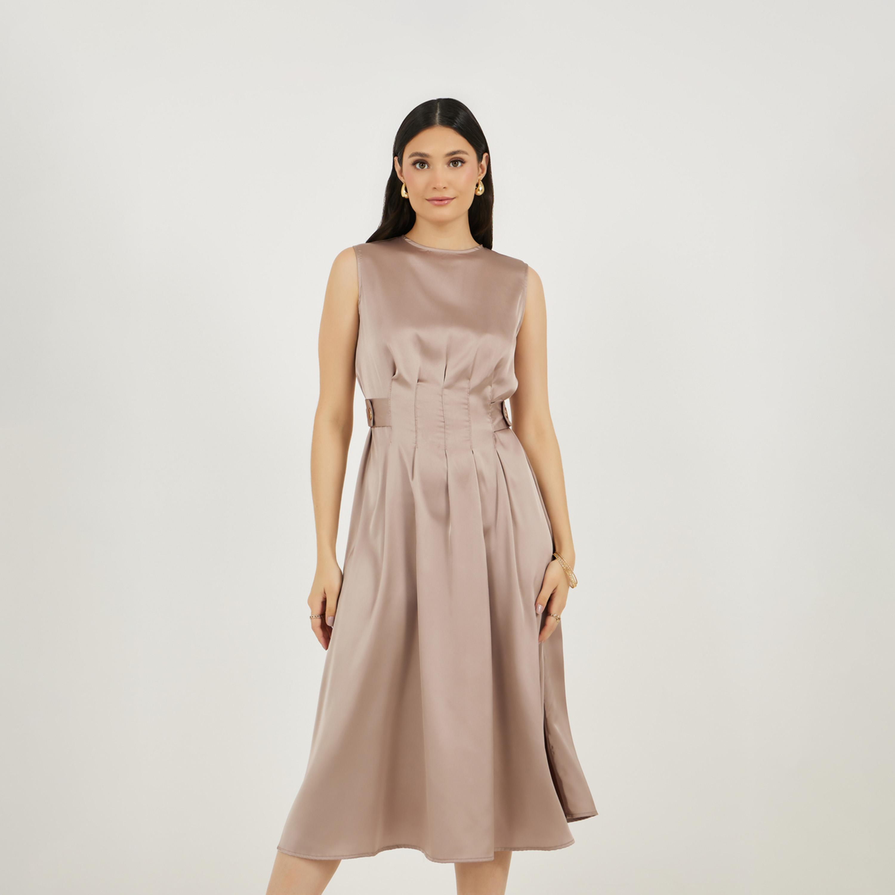 ستايلي - فستان ميدي بدون أكمام بقصة A وتفاصيل مطوية-women-clothing-dresses-image-1
