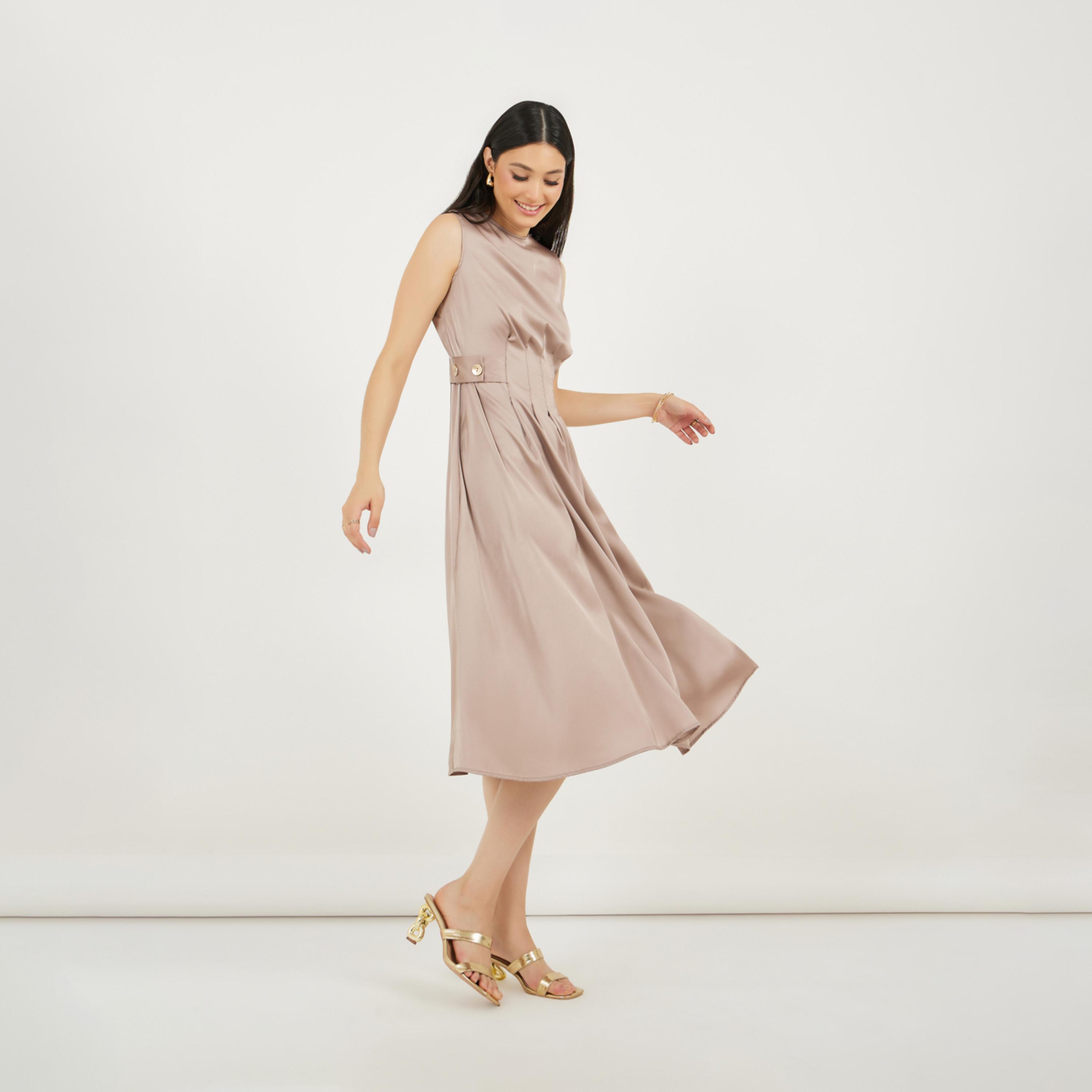 ستايلي - فستان ميدي بدون أكمام بقصة A وتفاصيل مطوية-women-clothing-dresses-image-2