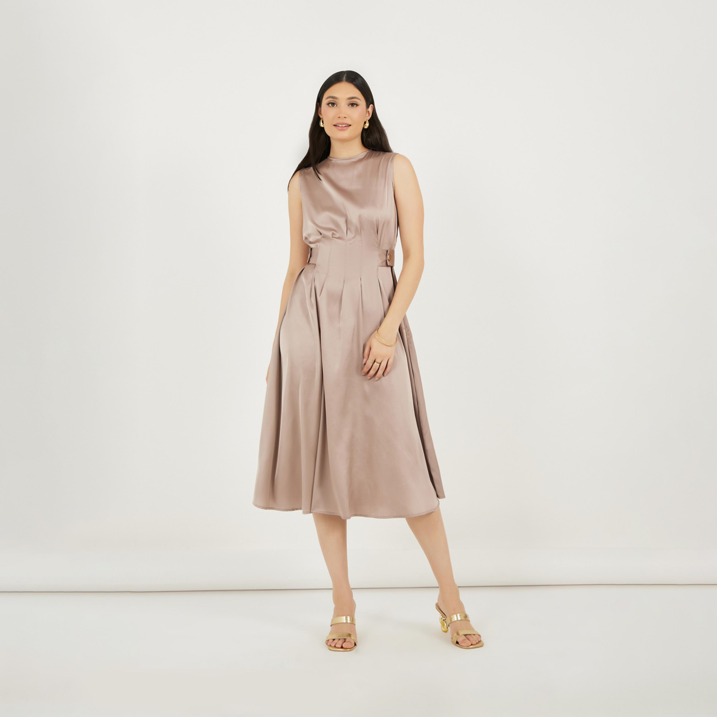 ستايلي - فستان ميدي بدون أكمام بقصة A وتفاصيل مطوية-women-clothing-dresses-image-4
