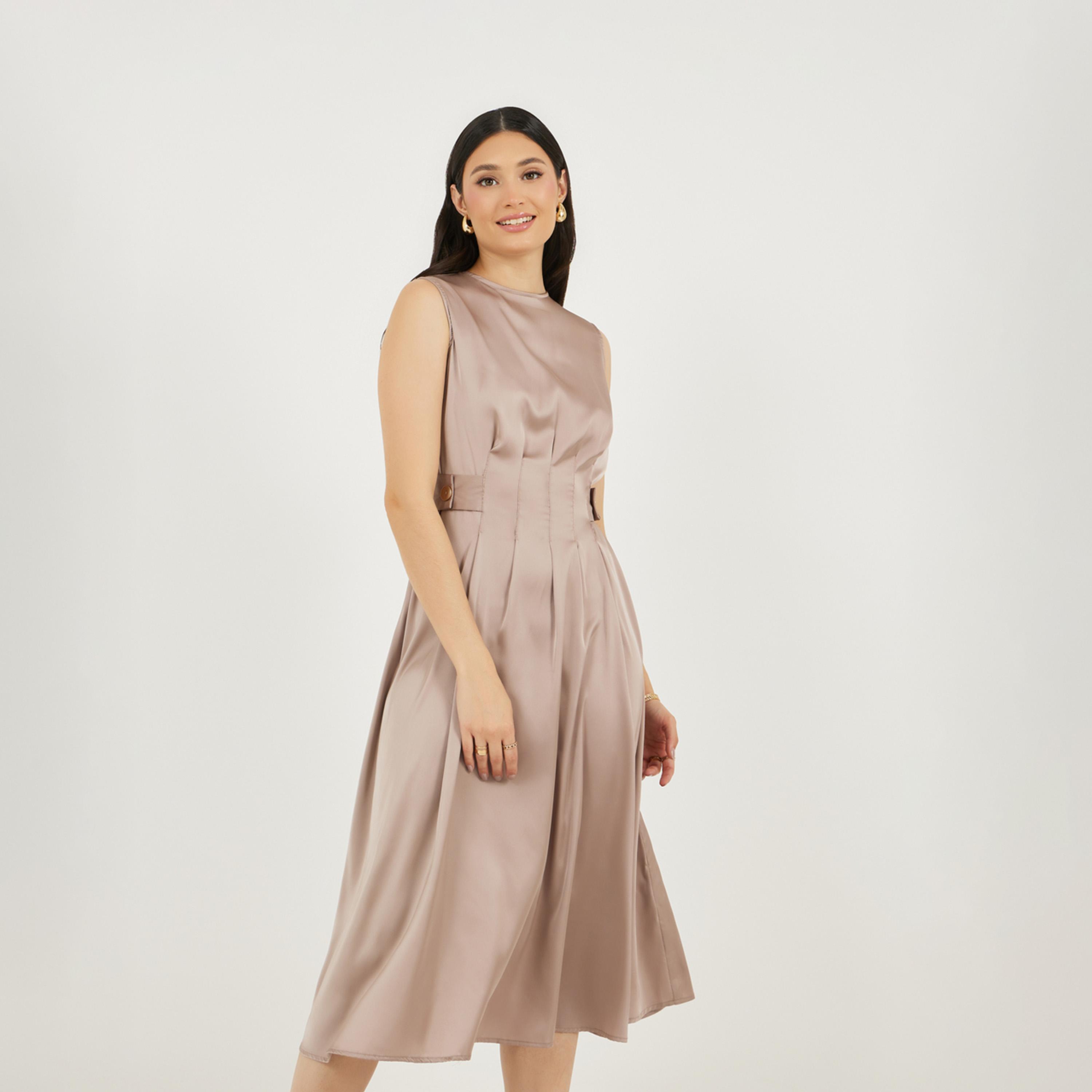 ستايلي - فستان ميدي بدون أكمام بقصة A وتفاصيل مطوية-women-clothing-dresses-image-5