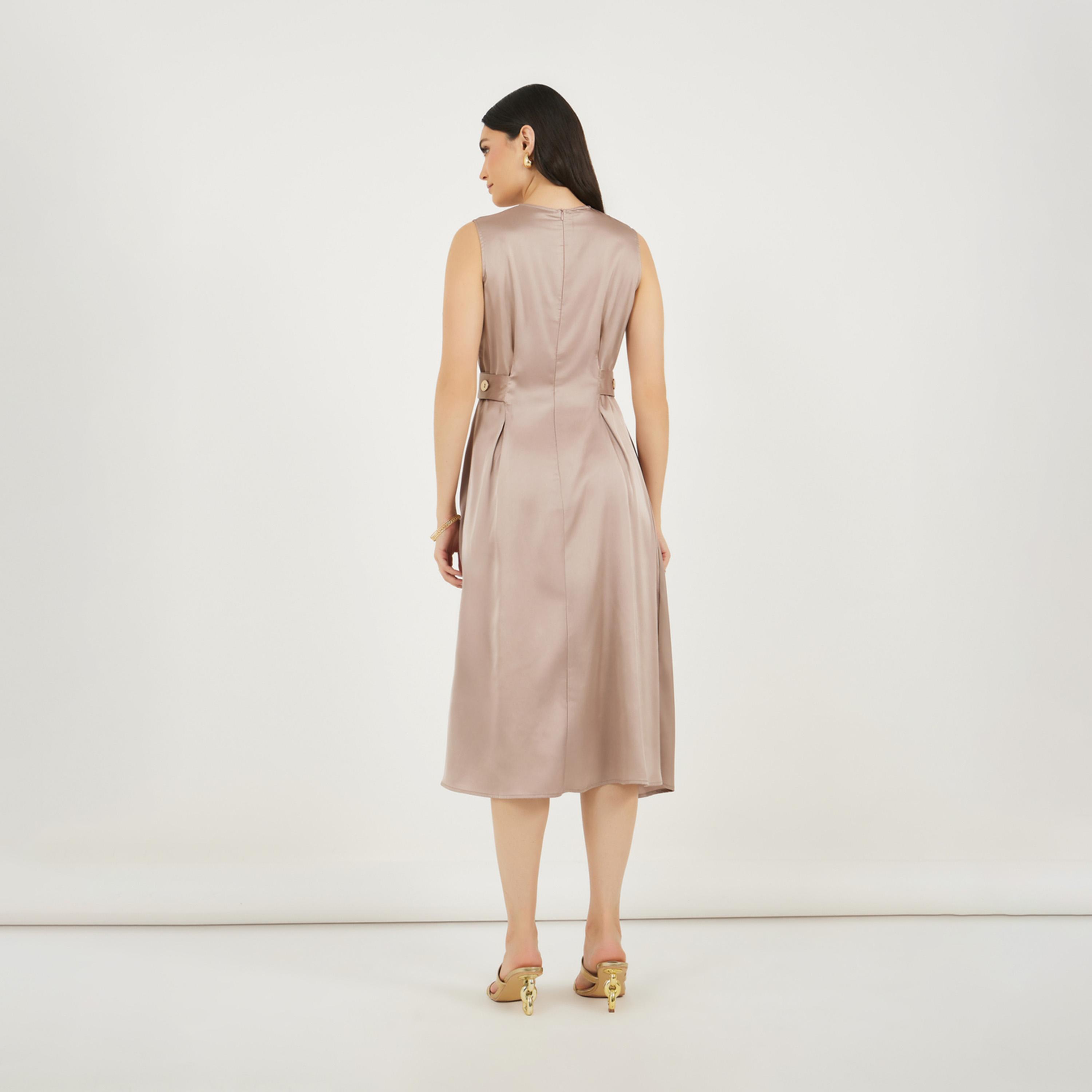 ستايلي - فستان ميدي بدون أكمام بقصة A وتفاصيل مطوية-women-clothing-dresses-image-6