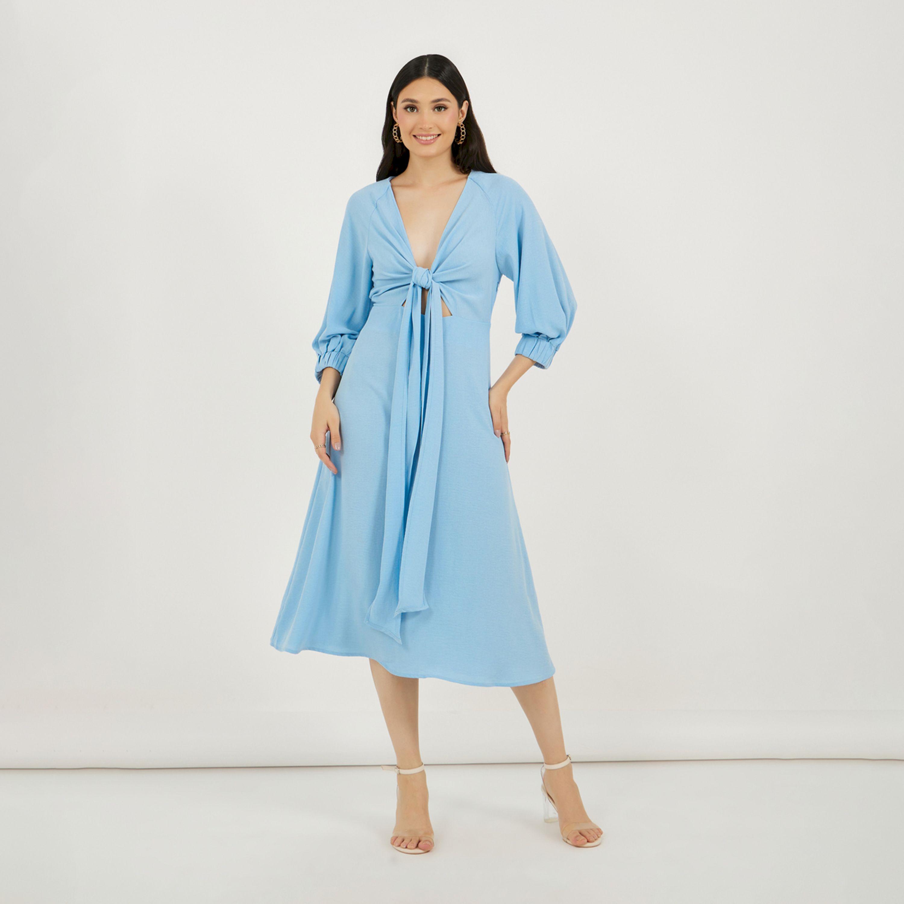 ستايلي - فستان ميدي بفتحة رقبة على شكل V وقصة A مع تفاصيل رباط-women-clothing-dresses-image-1
