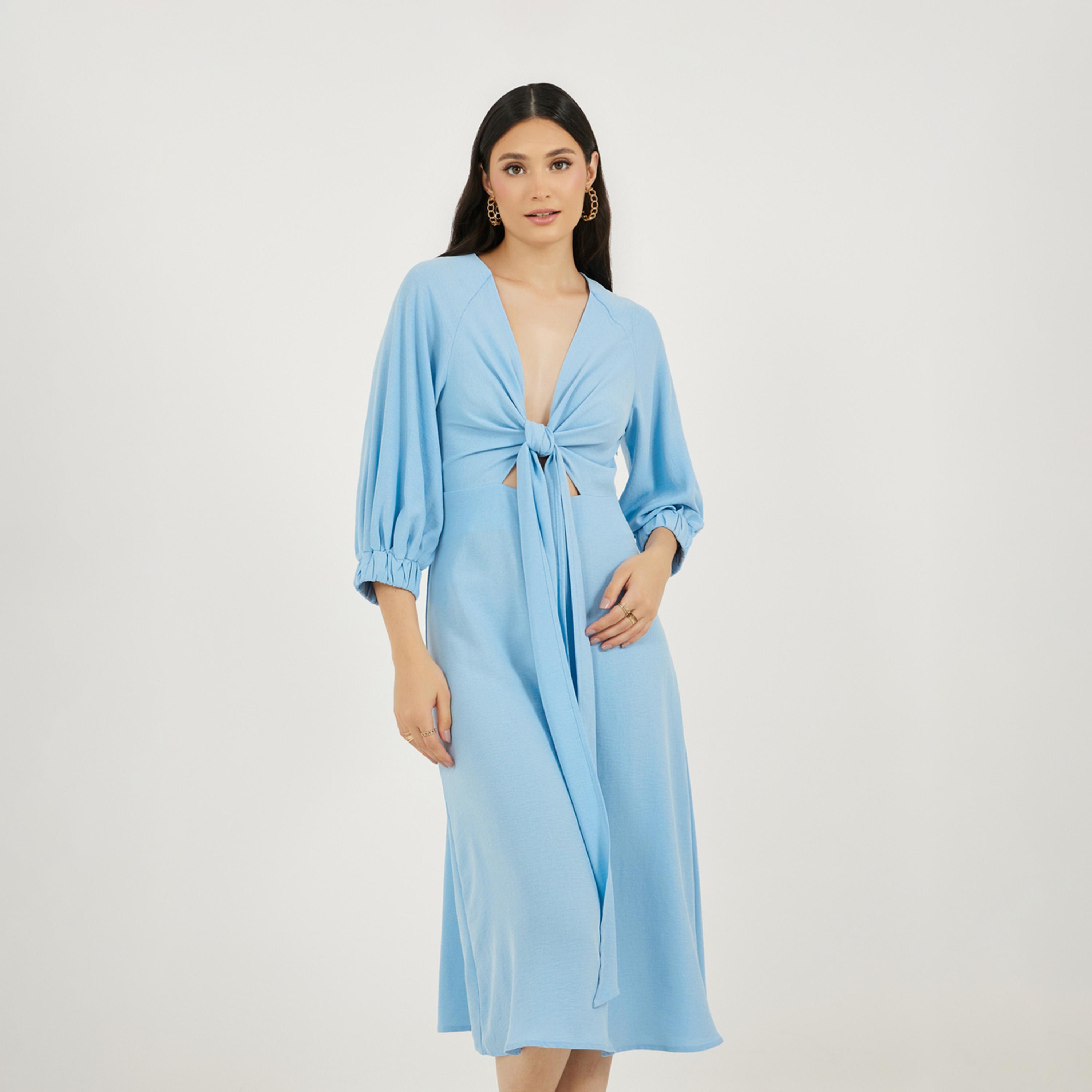 ستايلي - فستان ميدي بفتحة رقبة على شكل V وقصة A مع تفاصيل رباط-women-clothing-dresses-image-2
