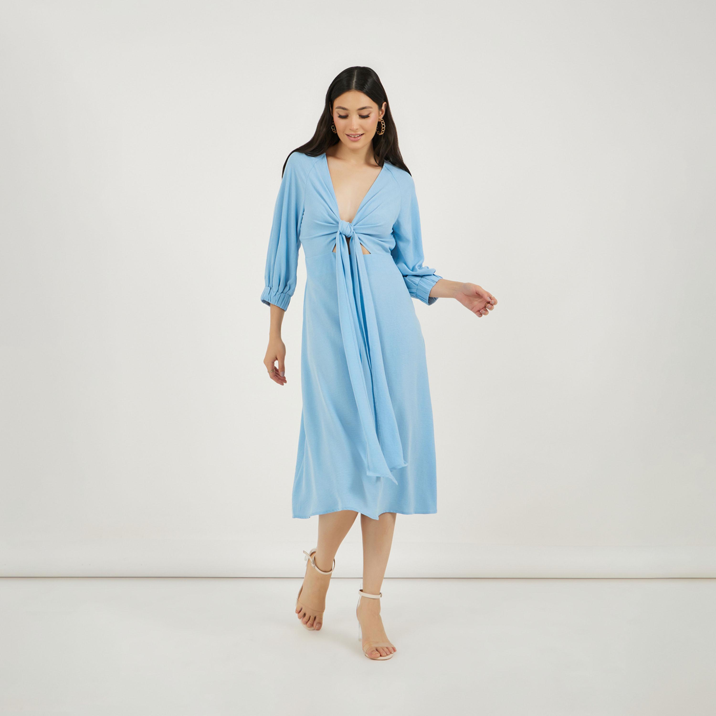 ستايلي - فستان ميدي بفتحة رقبة على شكل V وقصة A مع تفاصيل رباط-women-clothing-dresses-image-4