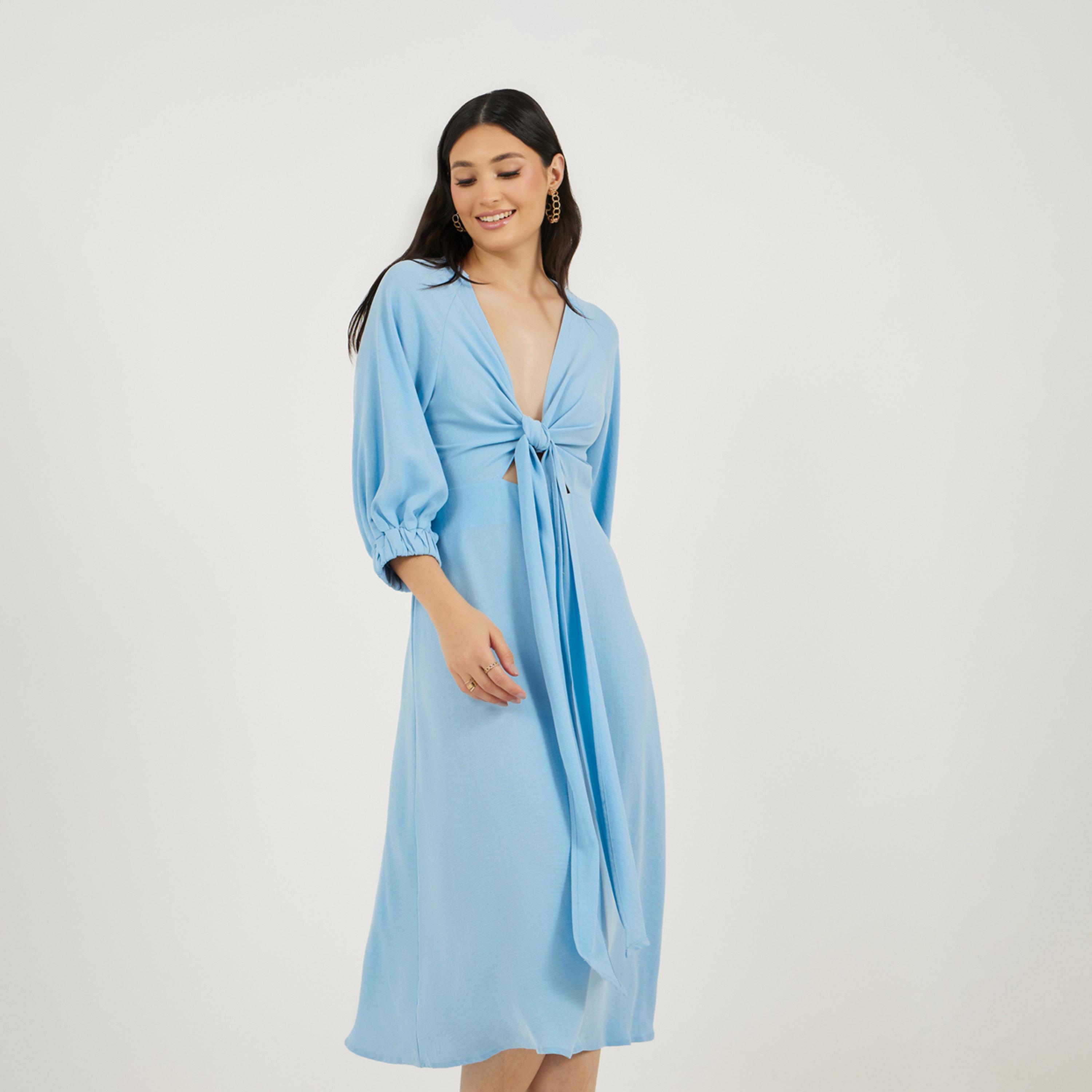 ستايلي - فستان ميدي بفتحة رقبة على شكل V وقصة A مع تفاصيل رباط-women-clothing-dresses-image-5