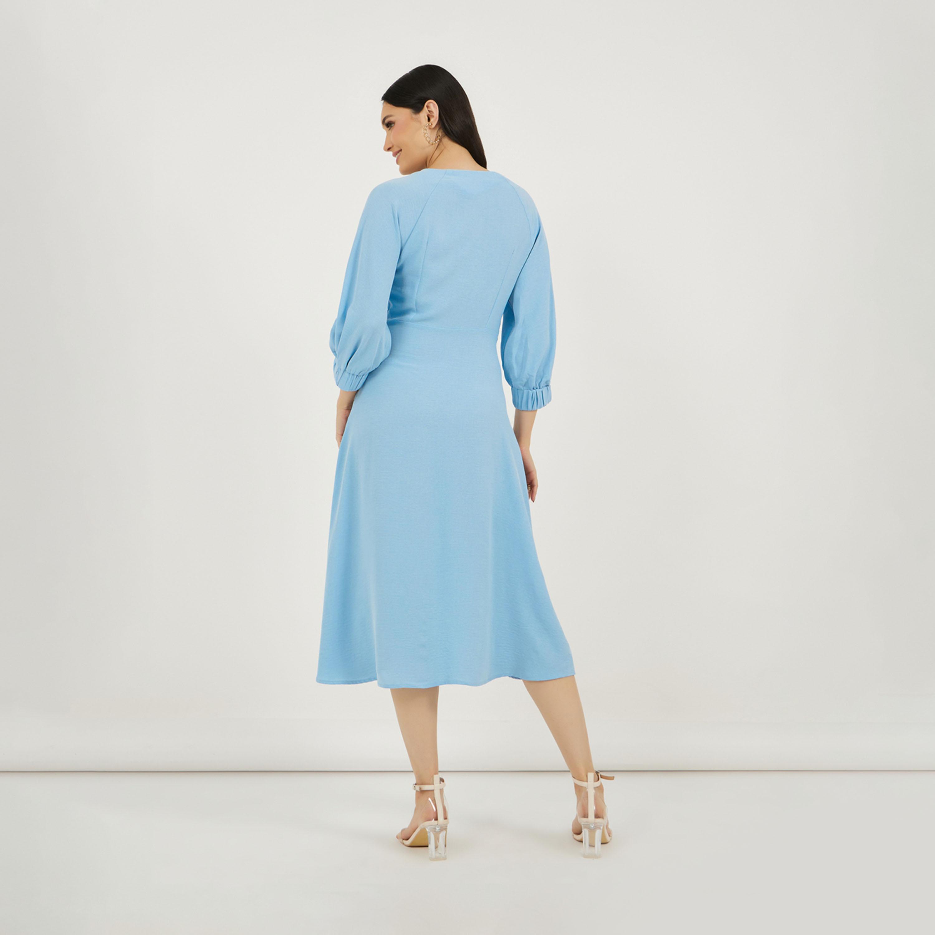 ستايلي - فستان ميدي بفتحة رقبة على شكل V وقصة A مع تفاصيل رباط-women-clothing-dresses-image-6