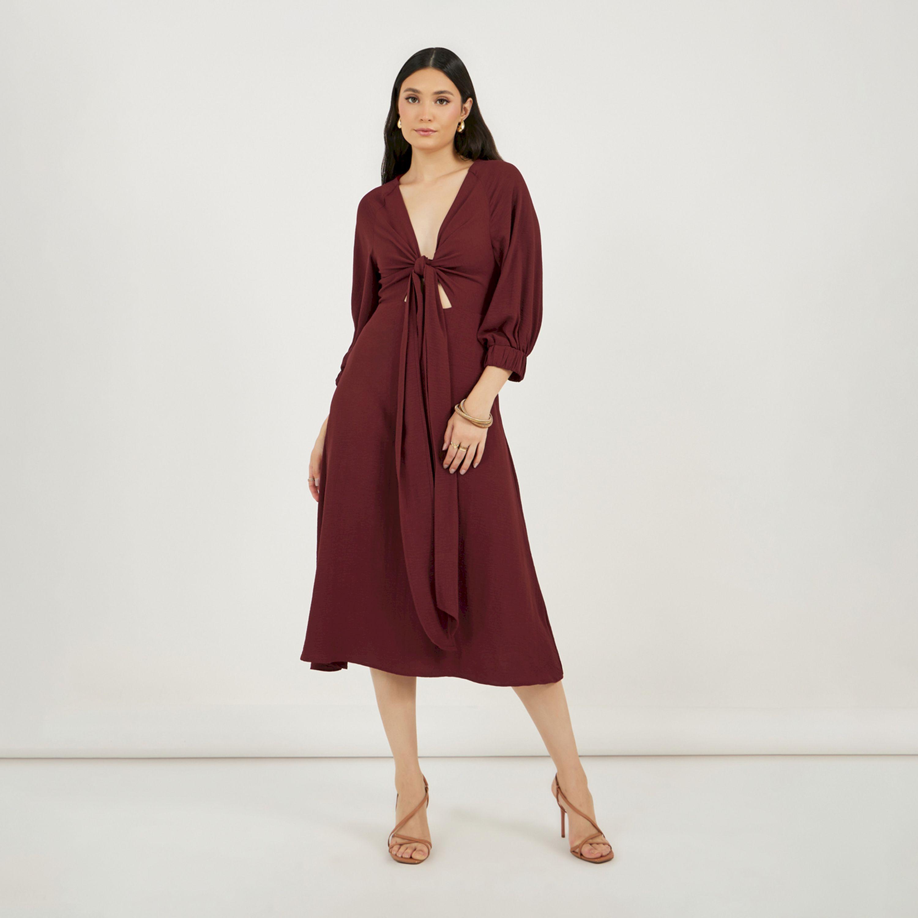 Styli Deep V Neck A-Line Midi Dress with Tie Up Detail-women-clothing-dresses-image-1