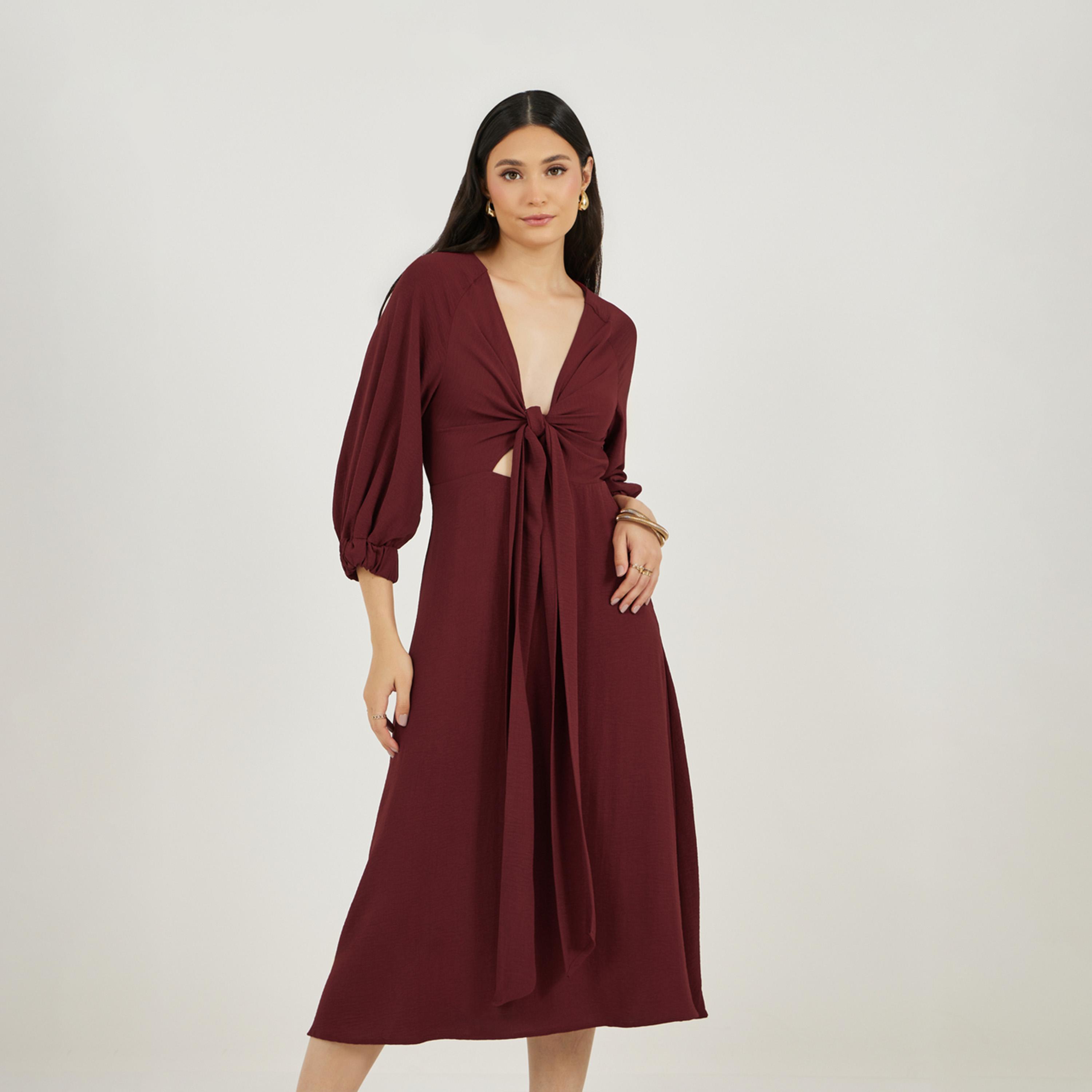 Styli Deep V Neck A-Line Midi Dress with Tie Up Detail-women-clothing-dresses-image-2