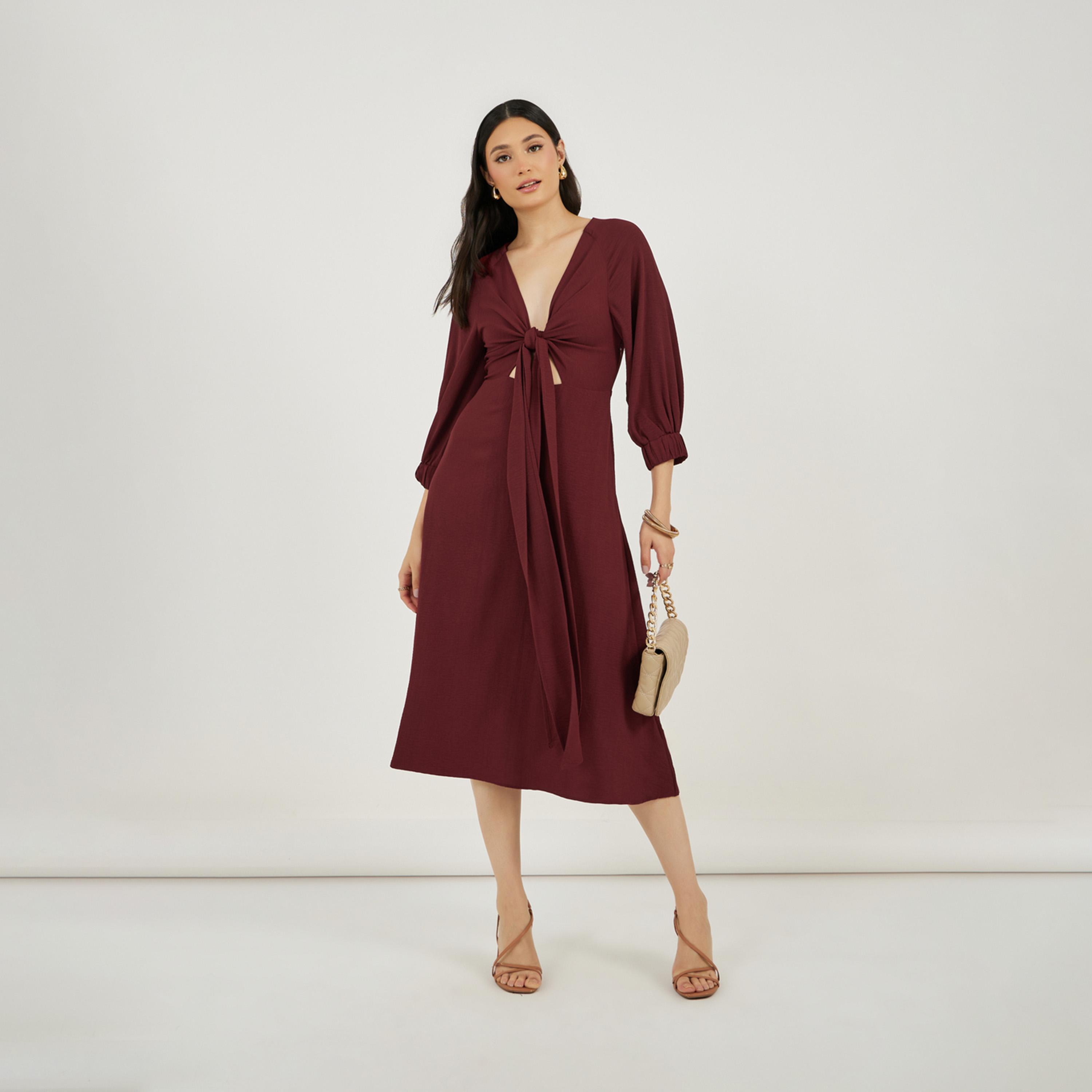 Styli Deep V Neck A-Line Midi Dress with Tie Up Detail-women-clothing-dresses-image-4