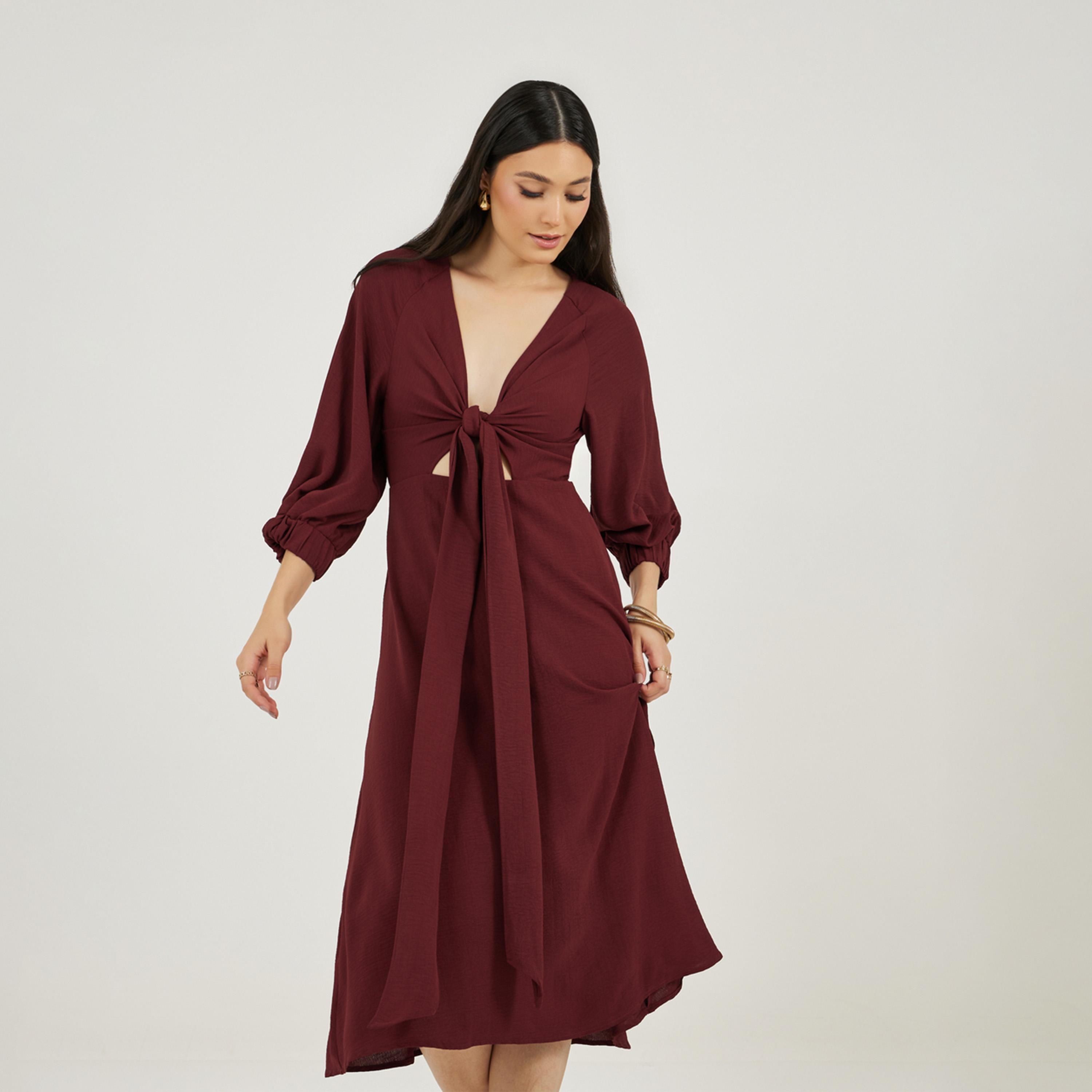 Styli Deep V Neck A-Line Midi Dress with Tie Up Detail-women-clothing-dresses-image-5