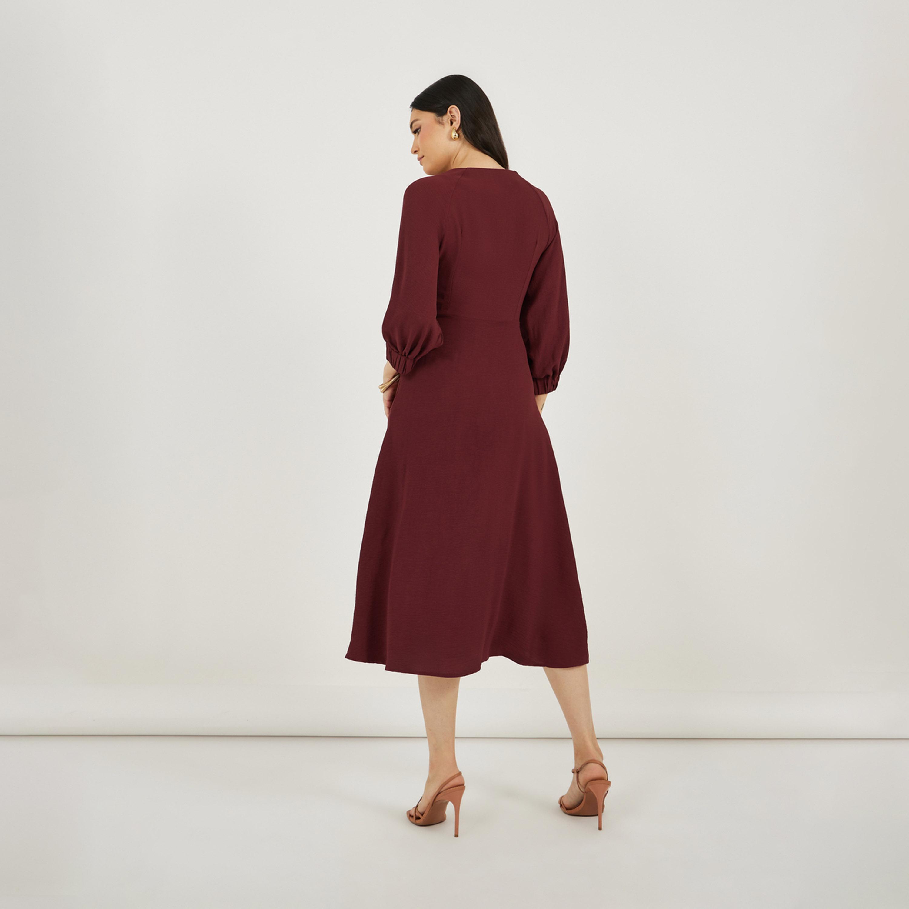 Styli Deep V Neck A-Line Midi Dress with Tie Up Detail-women-clothing-dresses-image-6