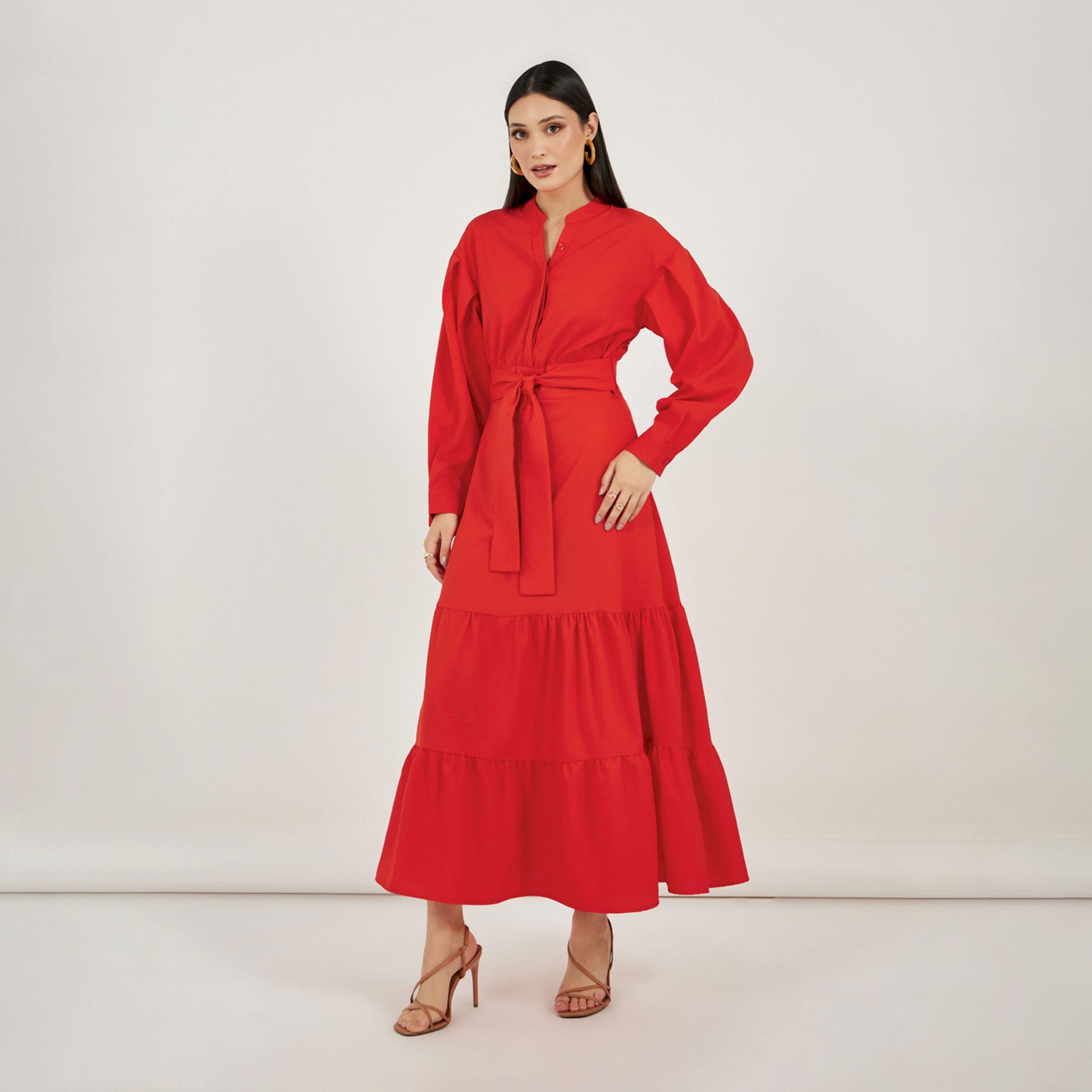 Styli Notch Neck Tiered Maxi Dress with Tie-Up Belt-women-clothing-dresses-image-1