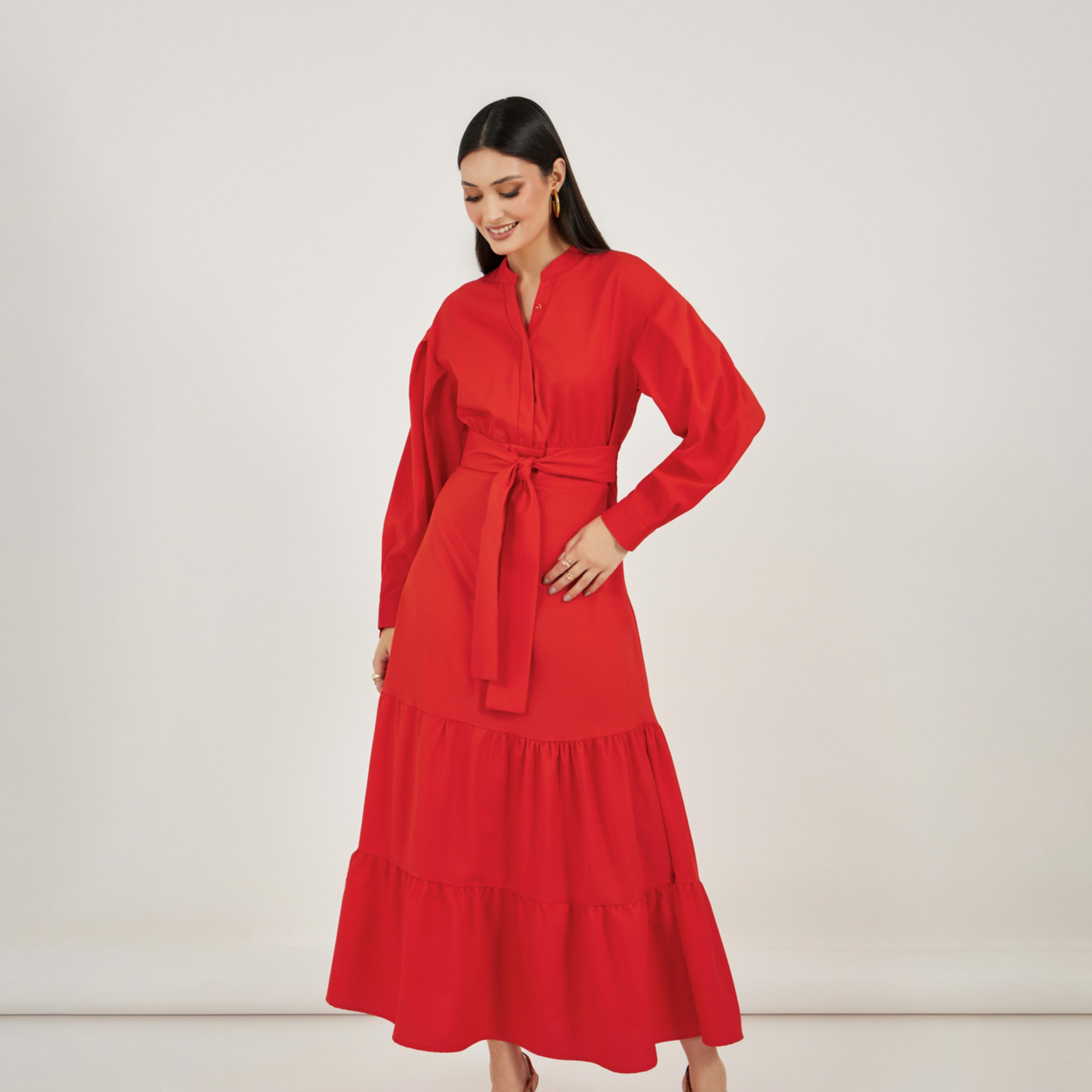 Styli Notch Neck Tiered Maxi Dress with Tie-Up Belt-women-clothing-dresses-image-2