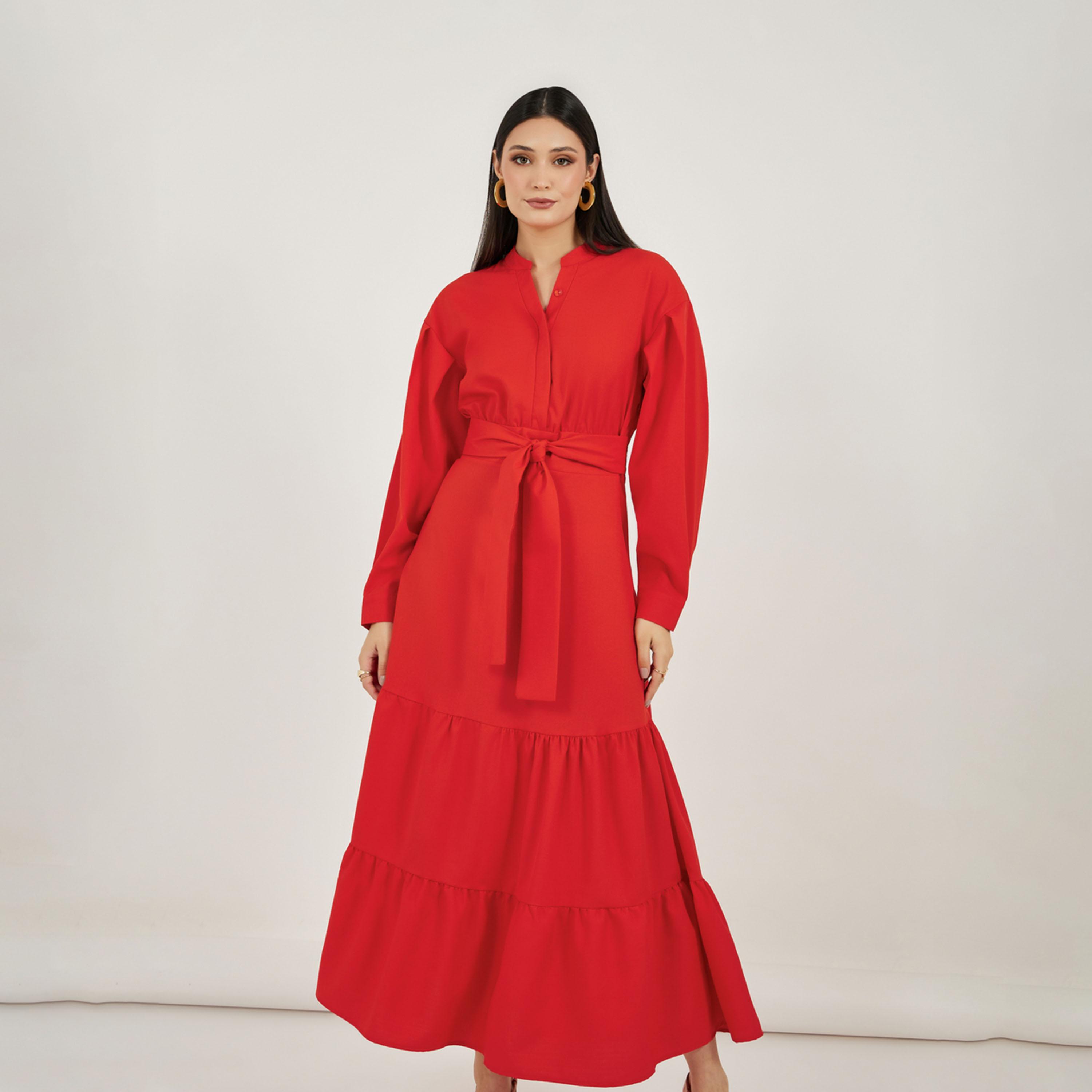 Styli Notch Neck Tiered Maxi Dress with Tie-Up Belt-women-clothing-dresses-image-3