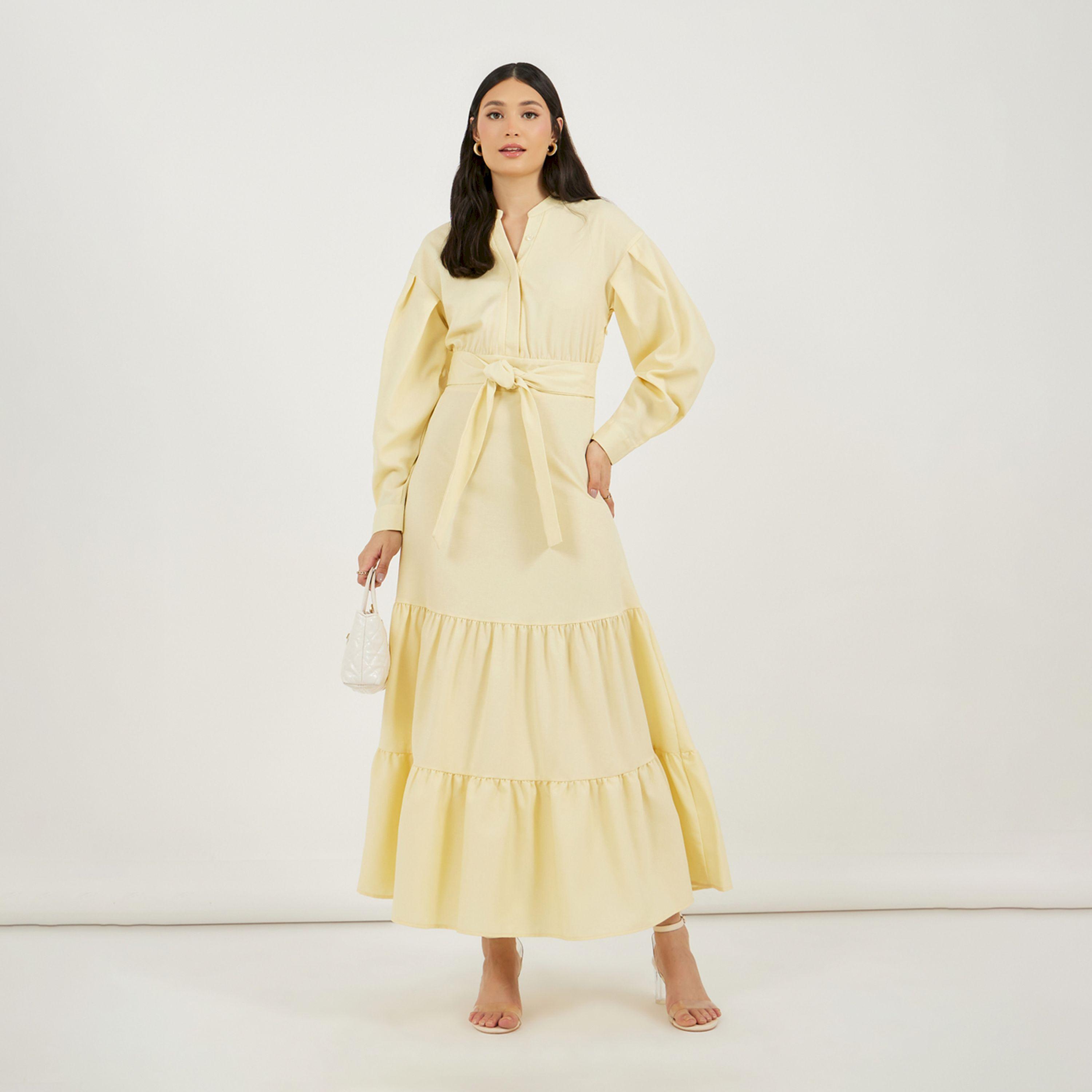 Styli Notch Neck Tiered Maxi Dress with Tie-Up Belt-women-clothing-dresses-image-1