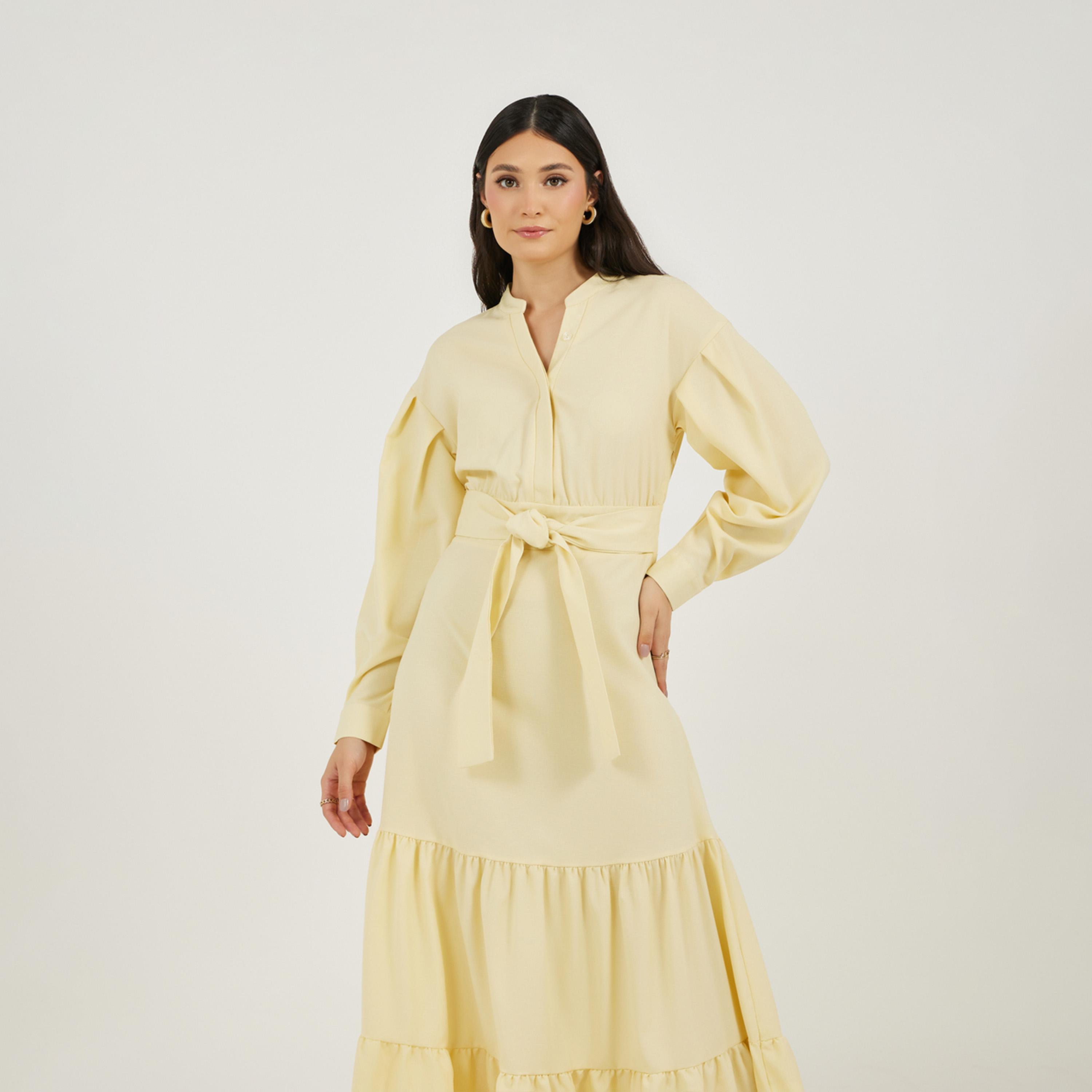 Styli Notch Neck Tiered Maxi Dress with Tie-Up Belt-women-clothing-dresses-image-2