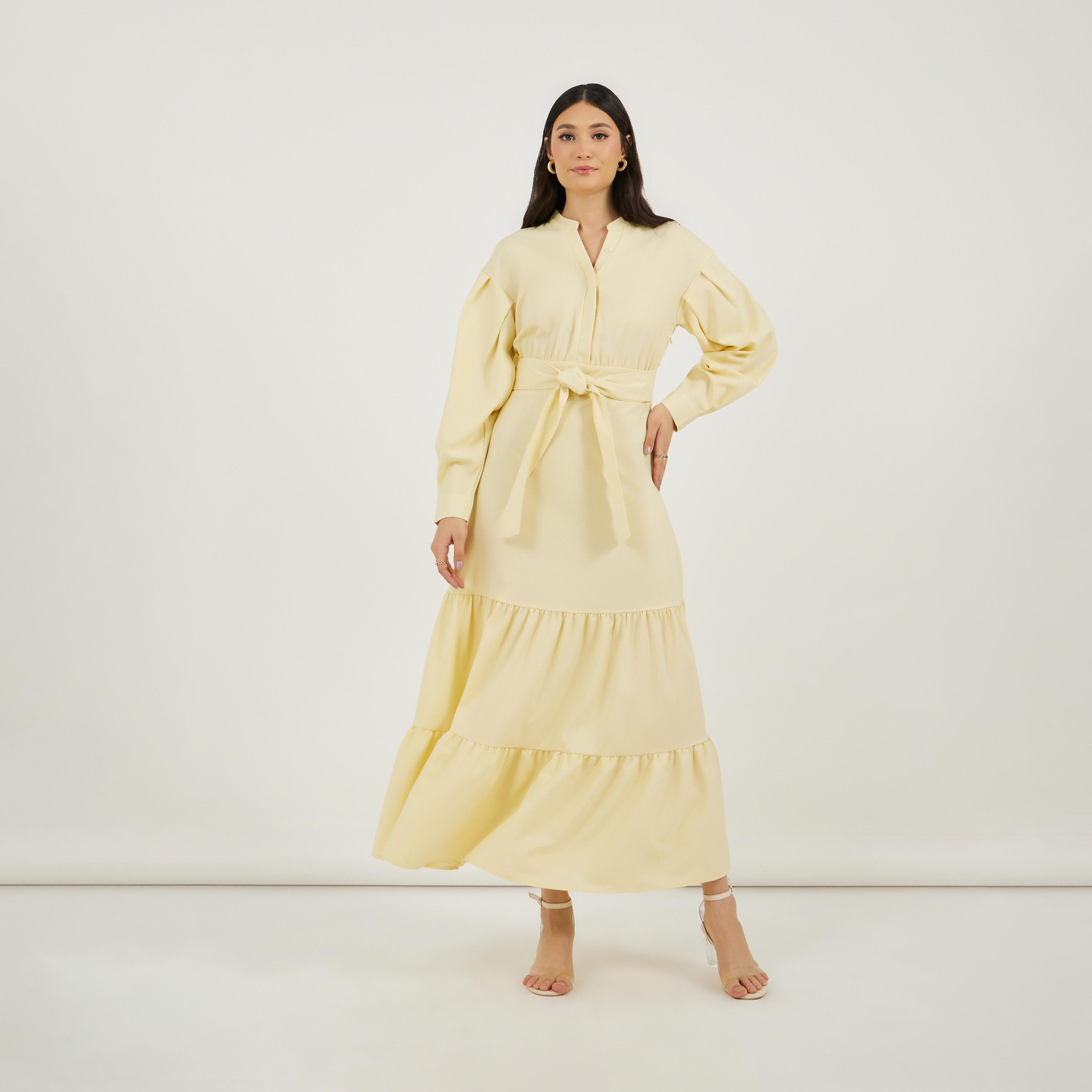 Styli Notch Neck Tiered Maxi Dress with Tie-Up Belt-women-clothing-dresses-image-4