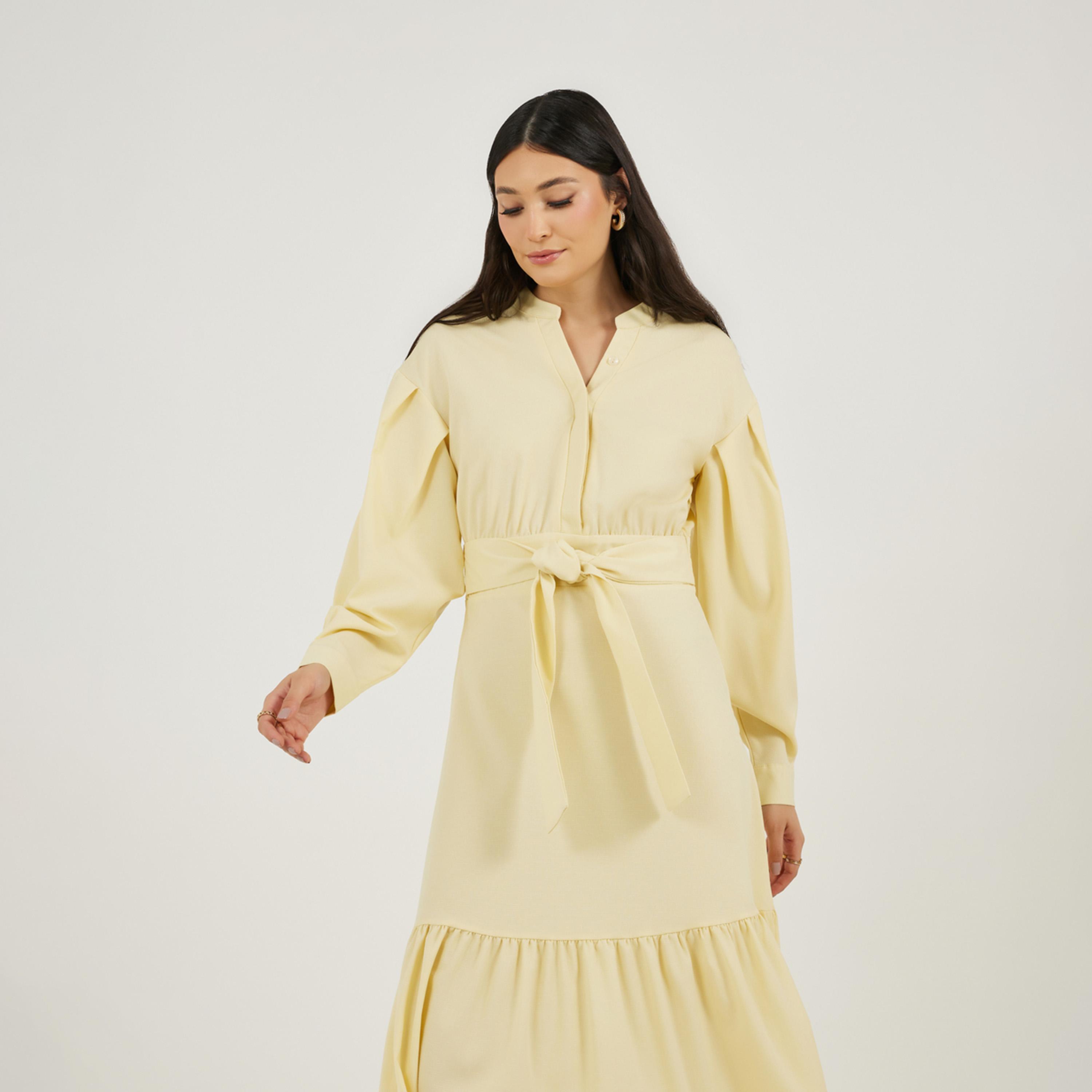 Styli Notch Neck Tiered Maxi Dress with Tie-Up Belt-women-clothing-dresses-image-5