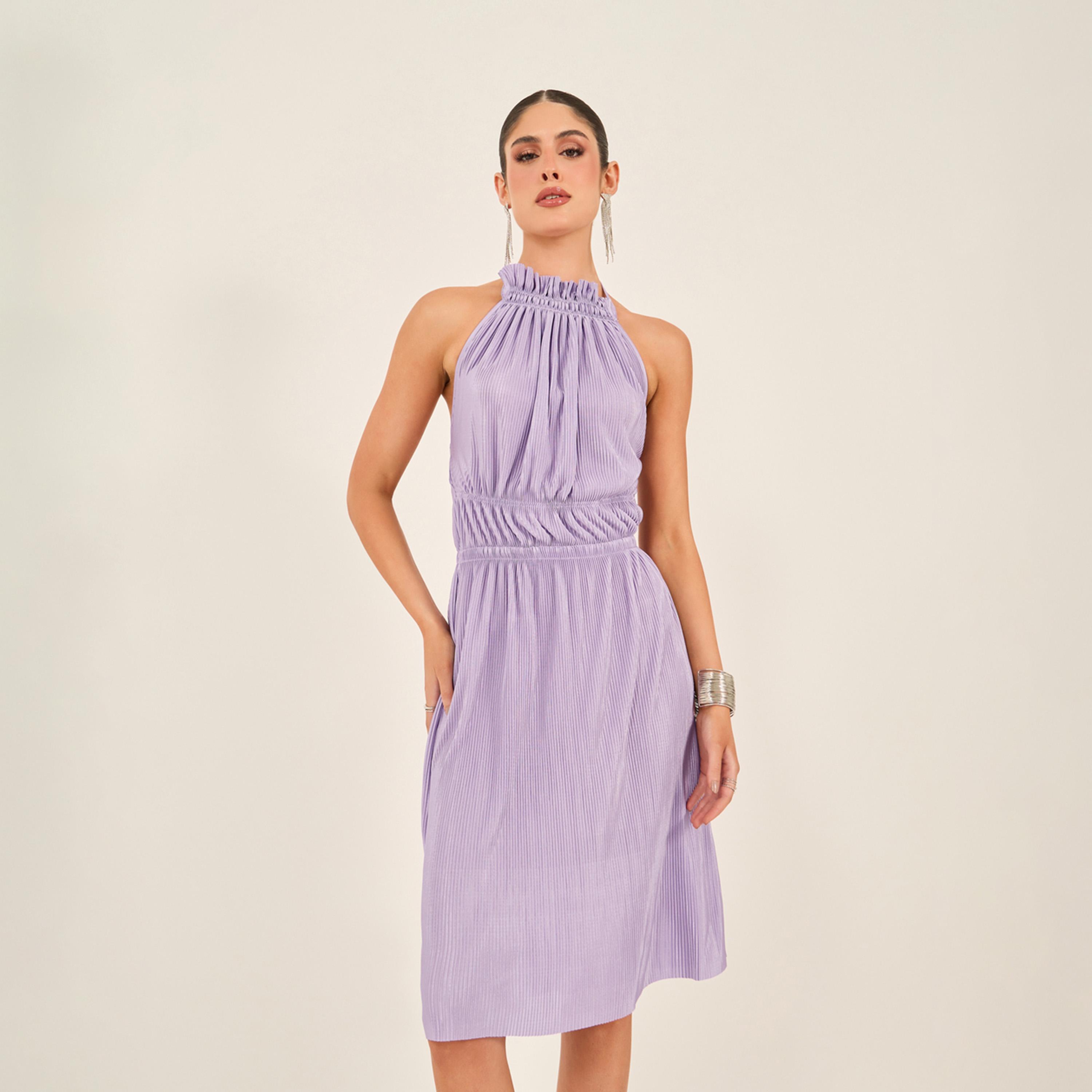 Styli Textured Plisse Sleeveless A-Line Knee Length Dress-women-clothing-dresses-image-1