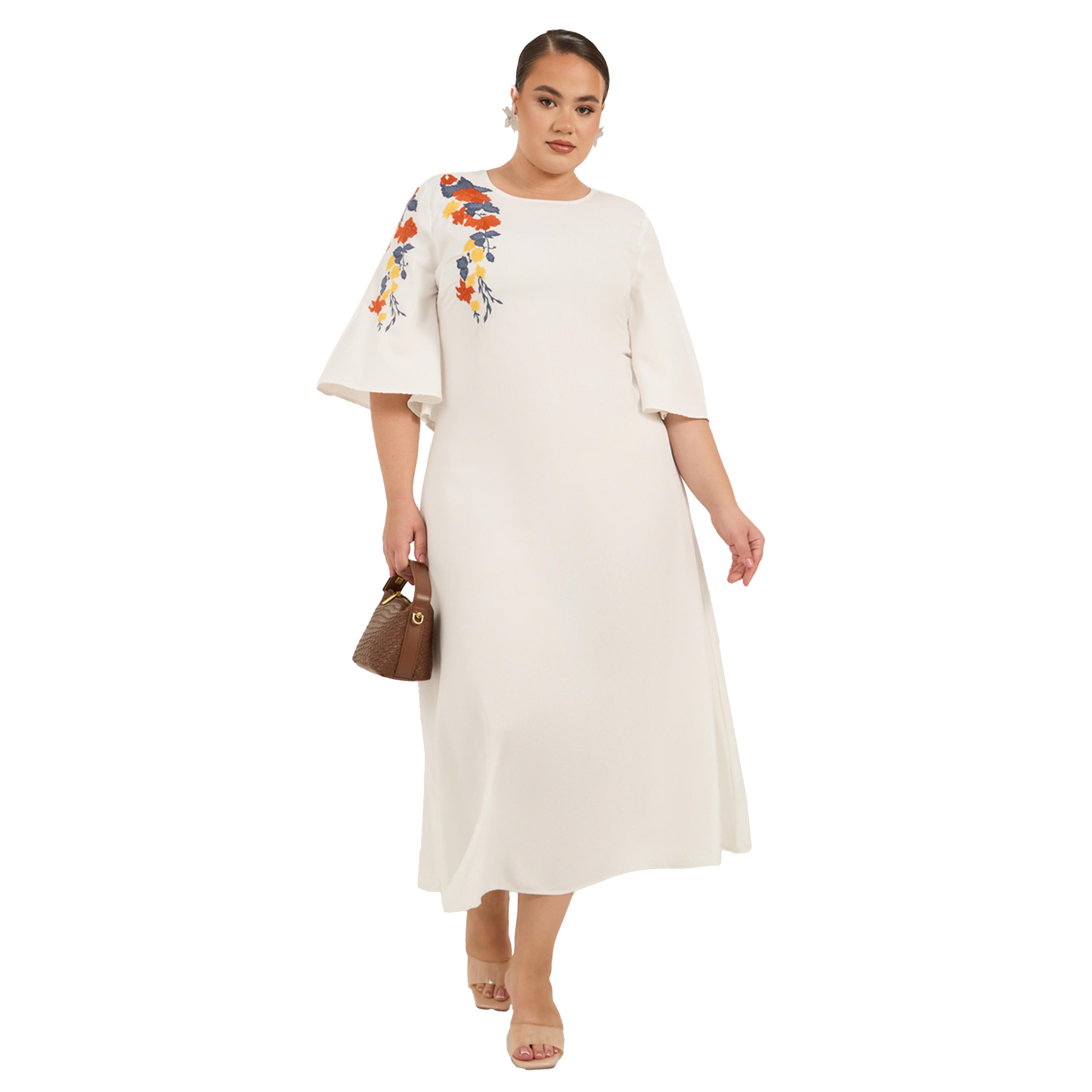 ستايلي - فستان ميدي مطرز بأكمام 3/4 على شكل حرف A ومقاس كبير-women-clothing-dresses-image-1