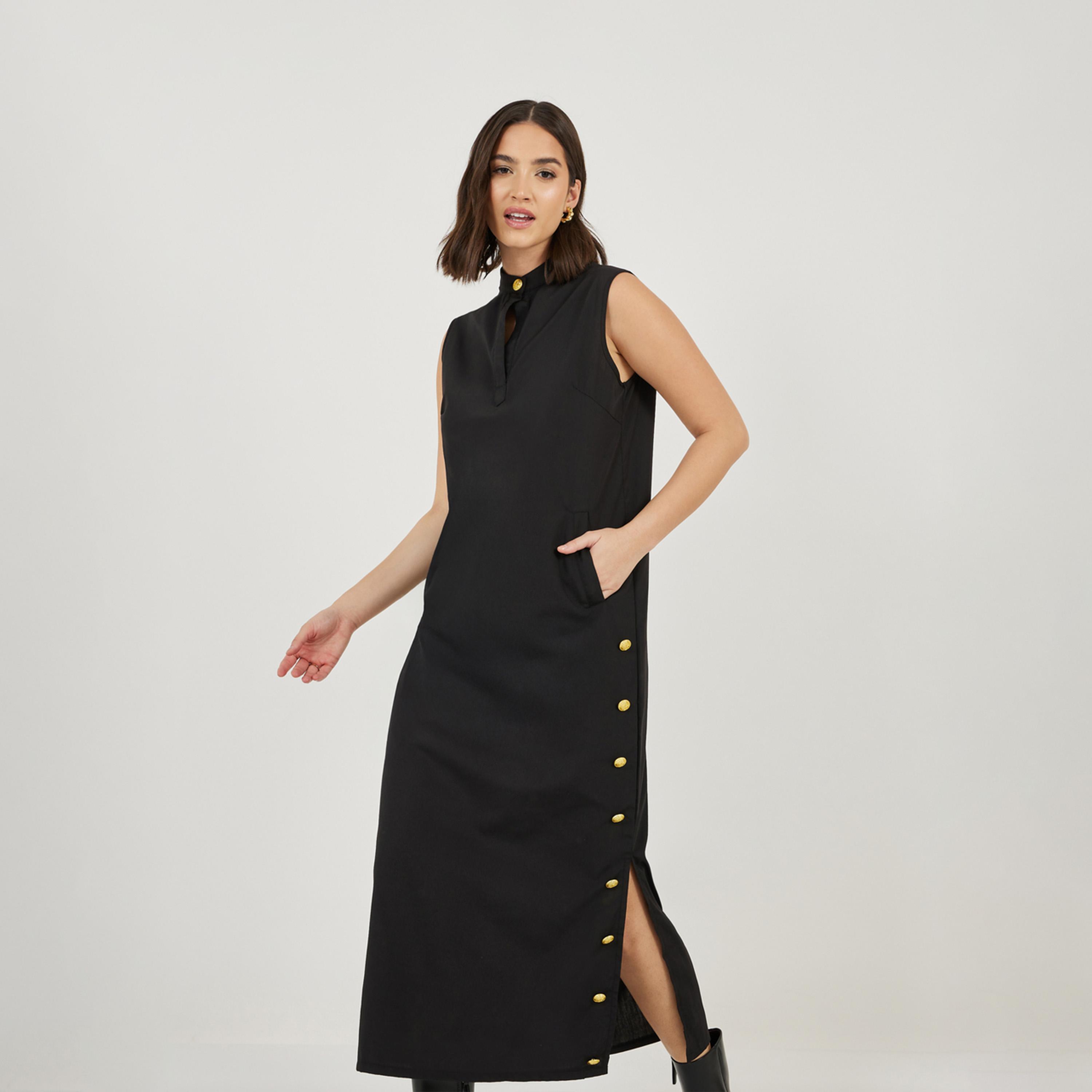 Styli Sleeveless Shift Maxi Dress with Button Detail-women-clothing-dresses-image-2