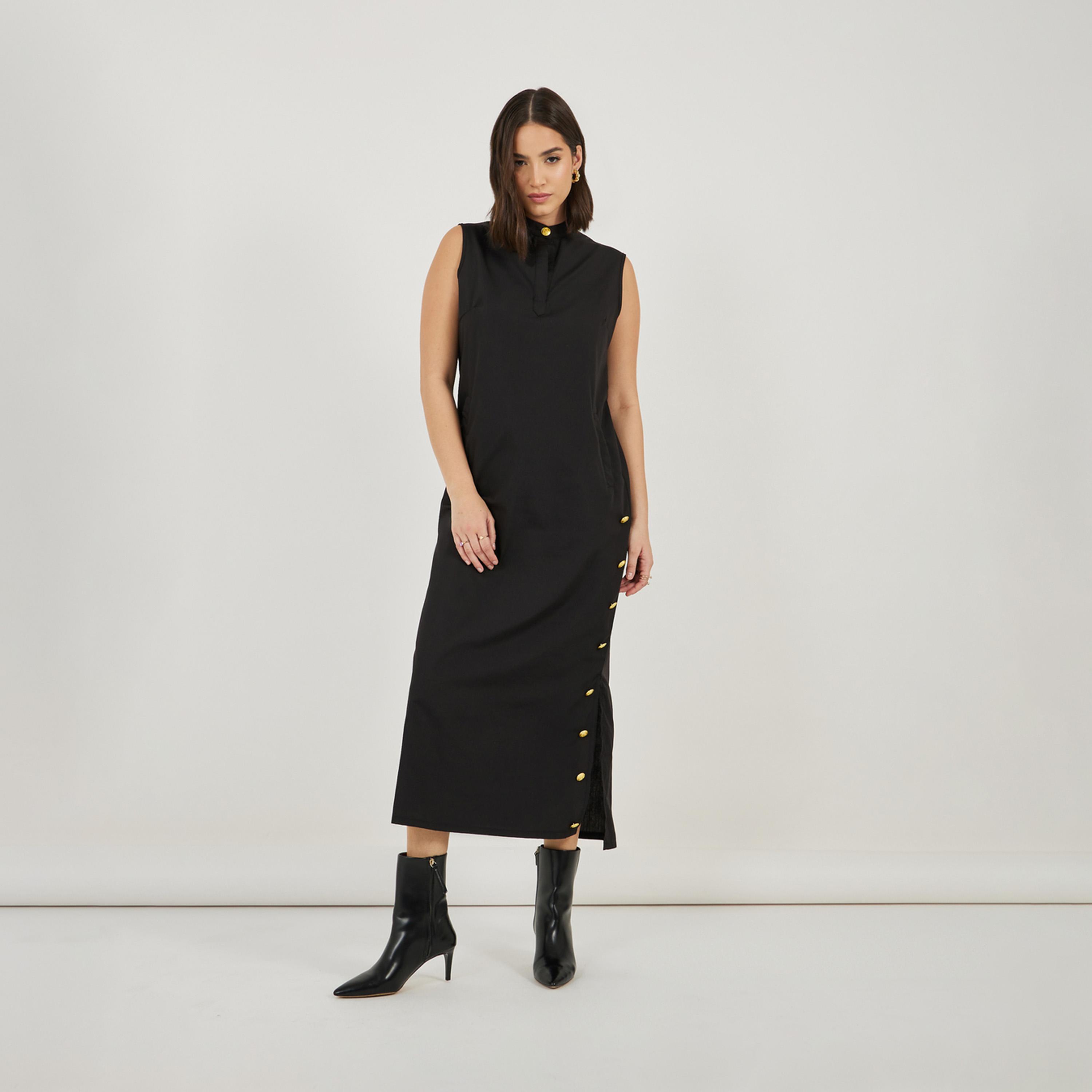 Styli Sleeveless Shift Maxi Dress with Button Detail-women-clothing-dresses-image-4