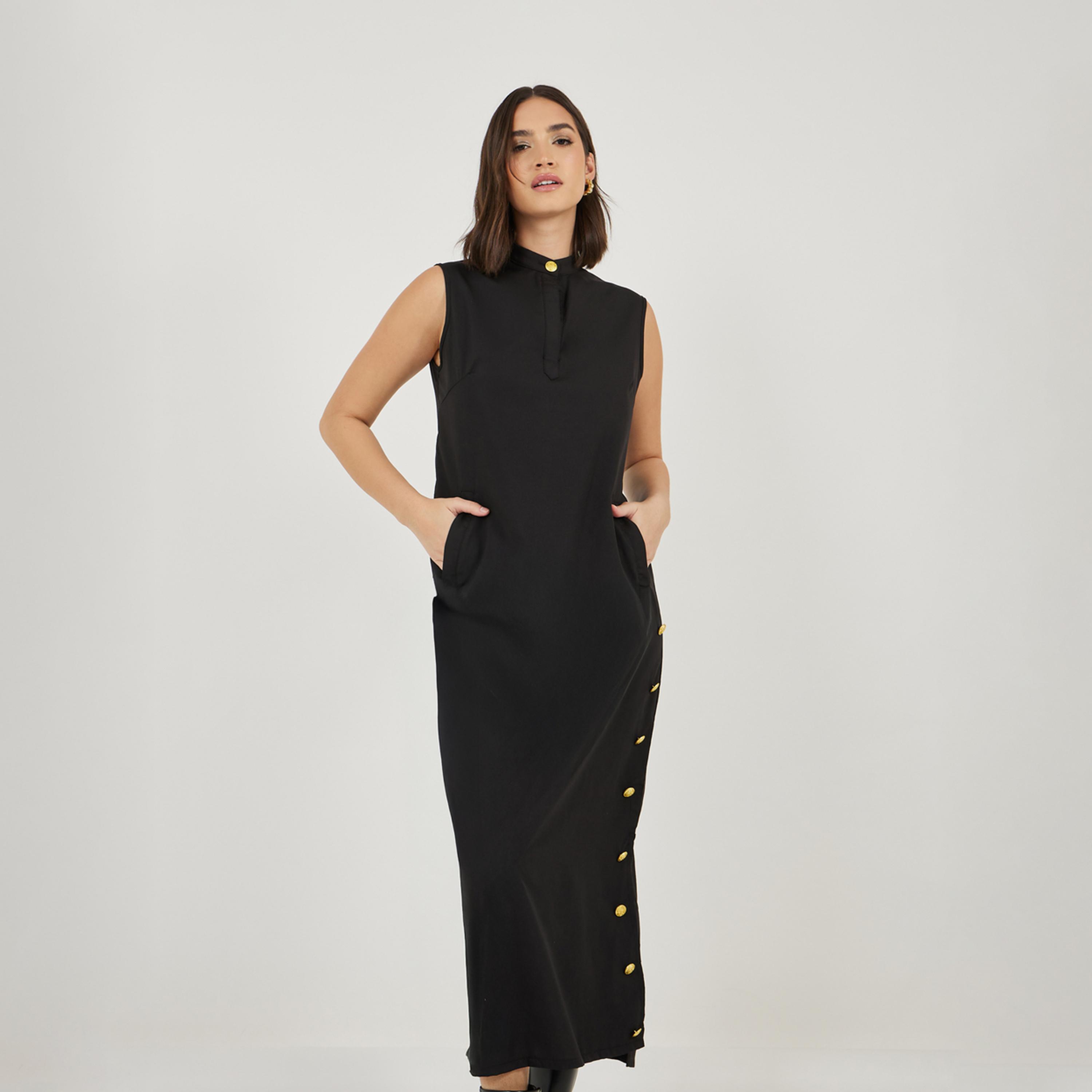 Styli Sleeveless Shift Maxi Dress with Button Detail-women-clothing-dresses-image-5