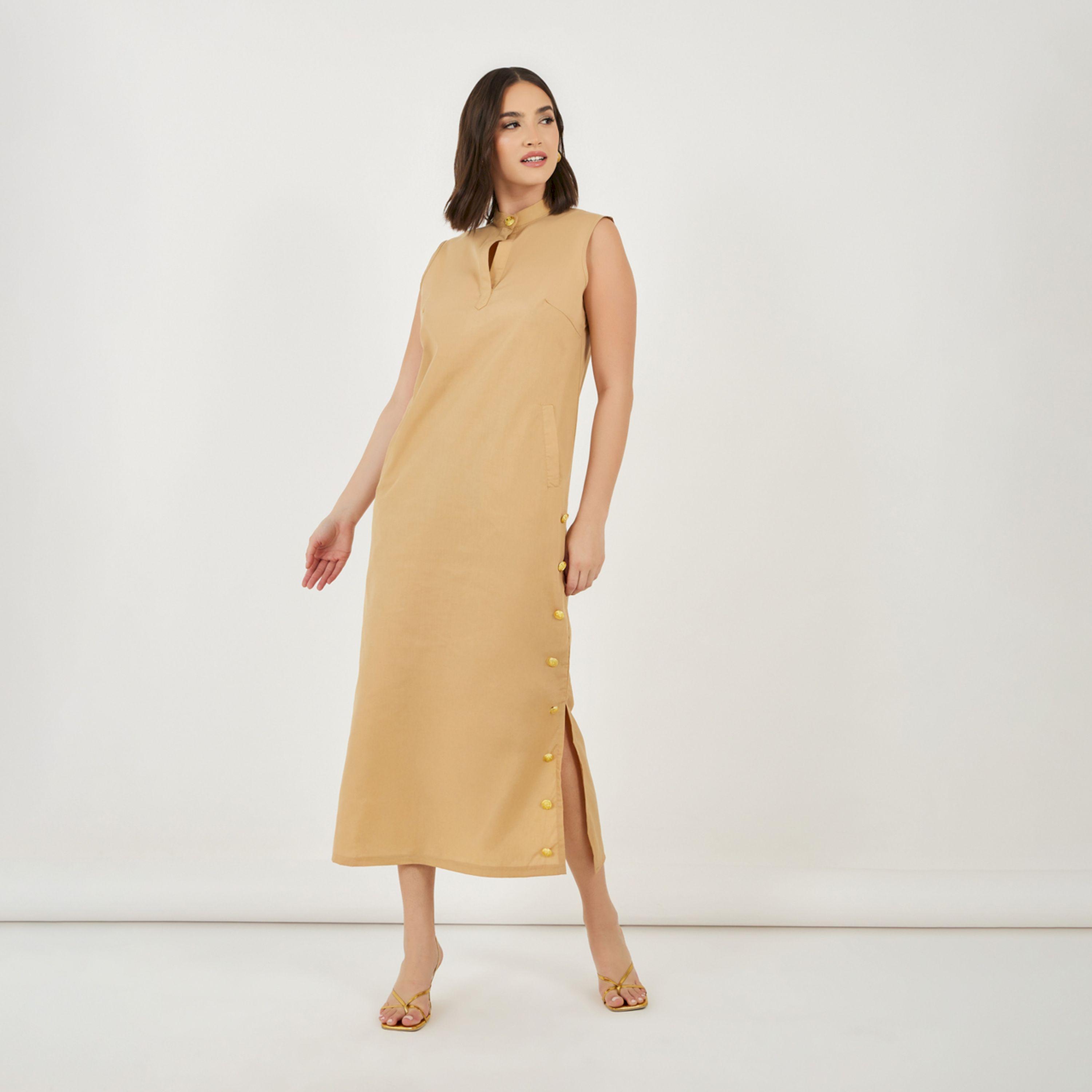 Styli Sleeveless Shift Maxi Dress with Button Detail-women-clothing-dresses-image-1