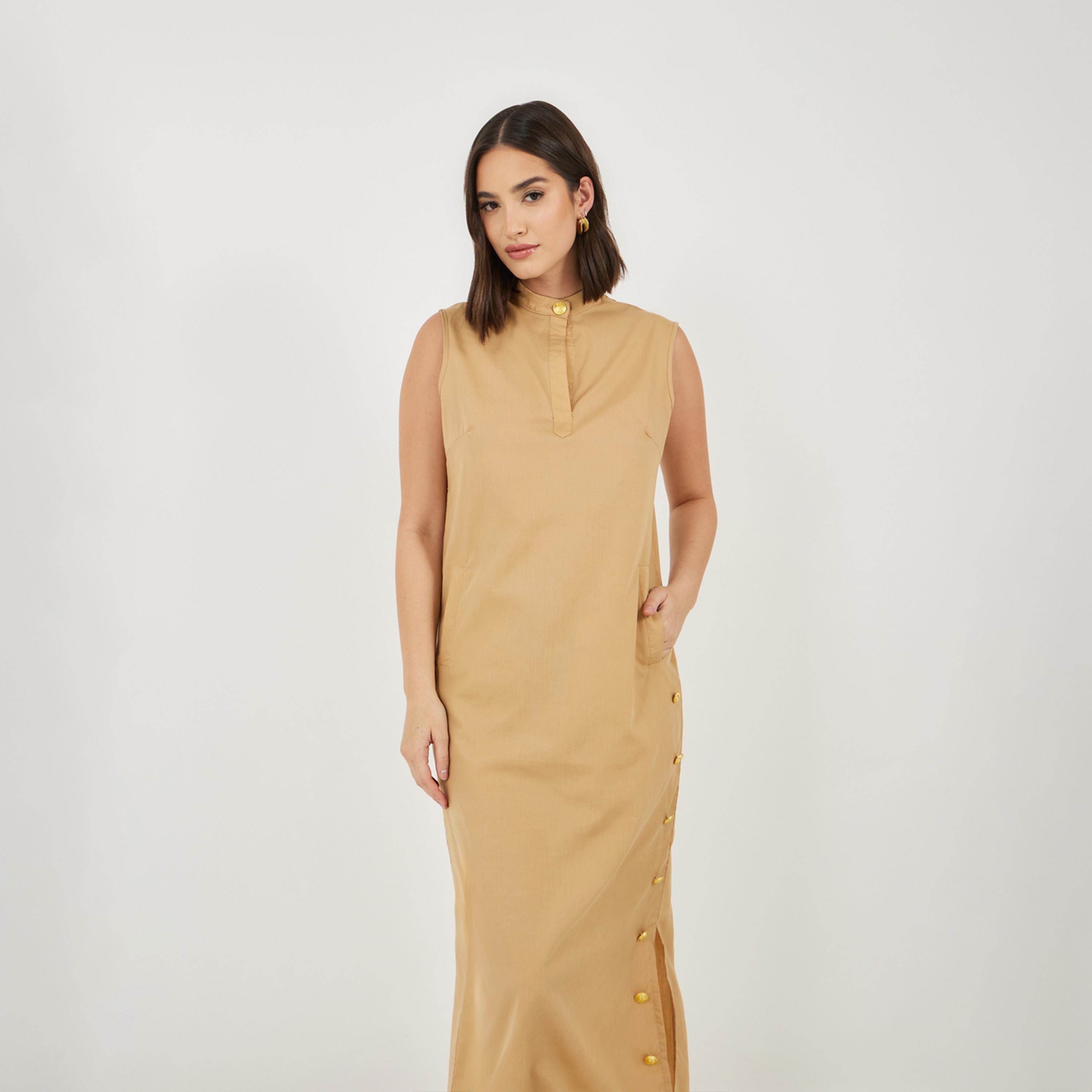 ستايلي - فستان ماكسي بدون أكمام مع تفاصيل أزرار-women-clothing-dresses-image-2