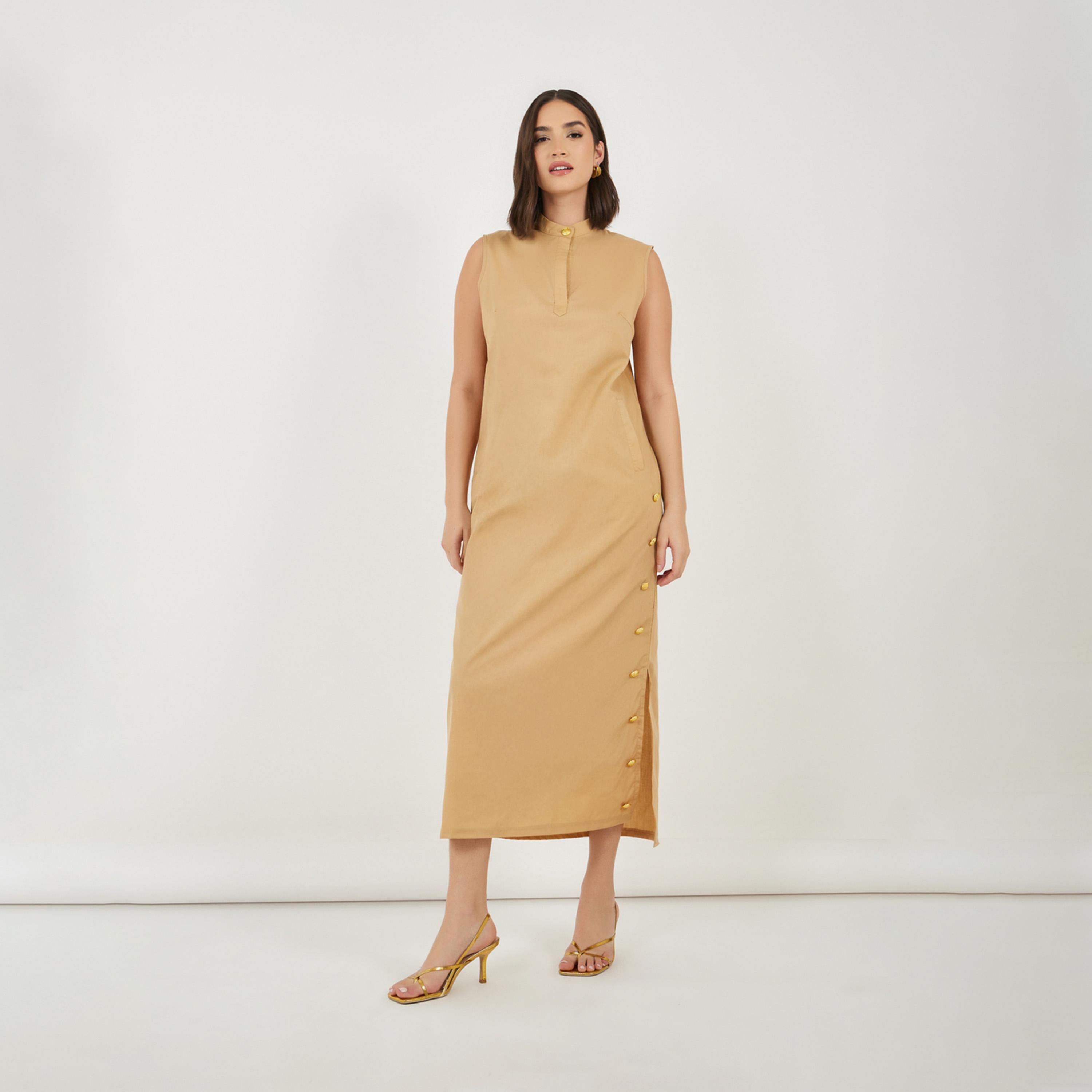 Styli Sleeveless Shift Maxi Dress with Button Detail-women-clothing-dresses-image-3